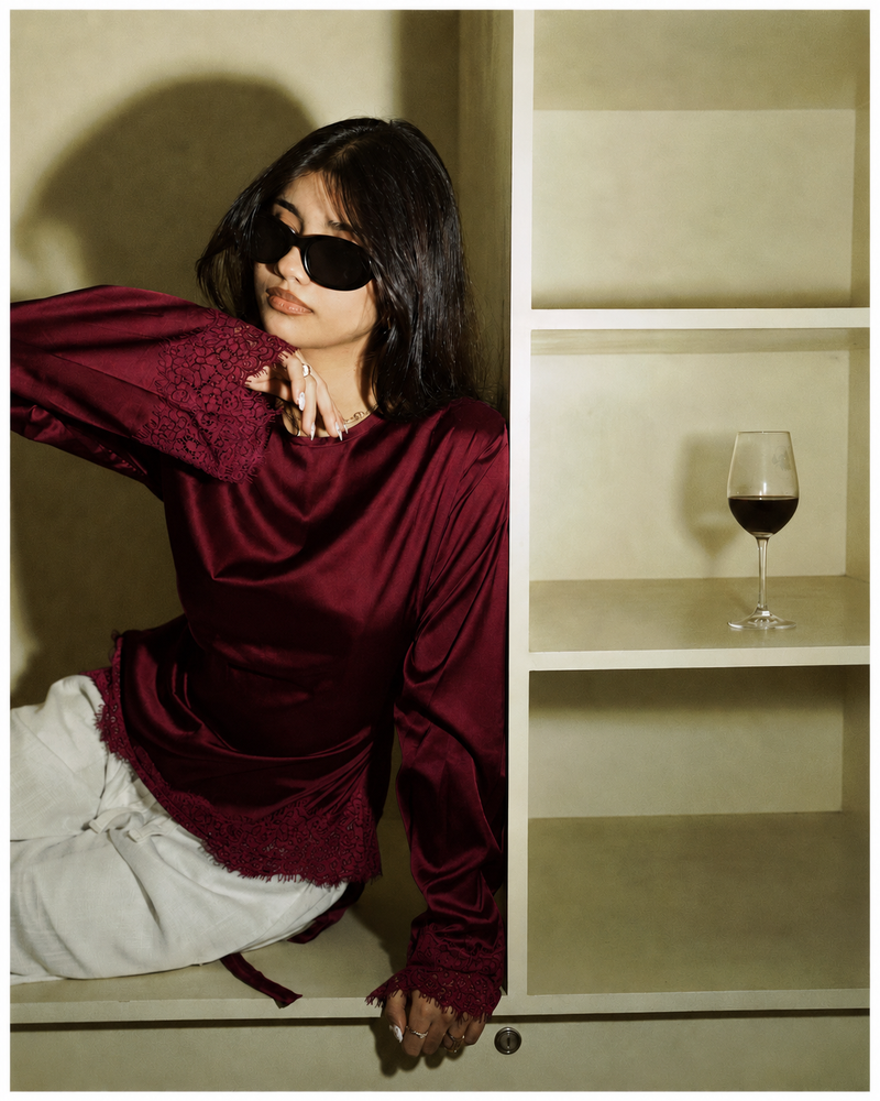 Women’s Satin Laced Top - Wine Red