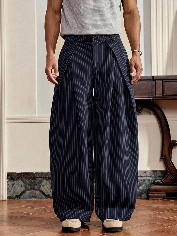 Unisex Prestige Pleated Pinstripe Pant - Striped Navy Blue