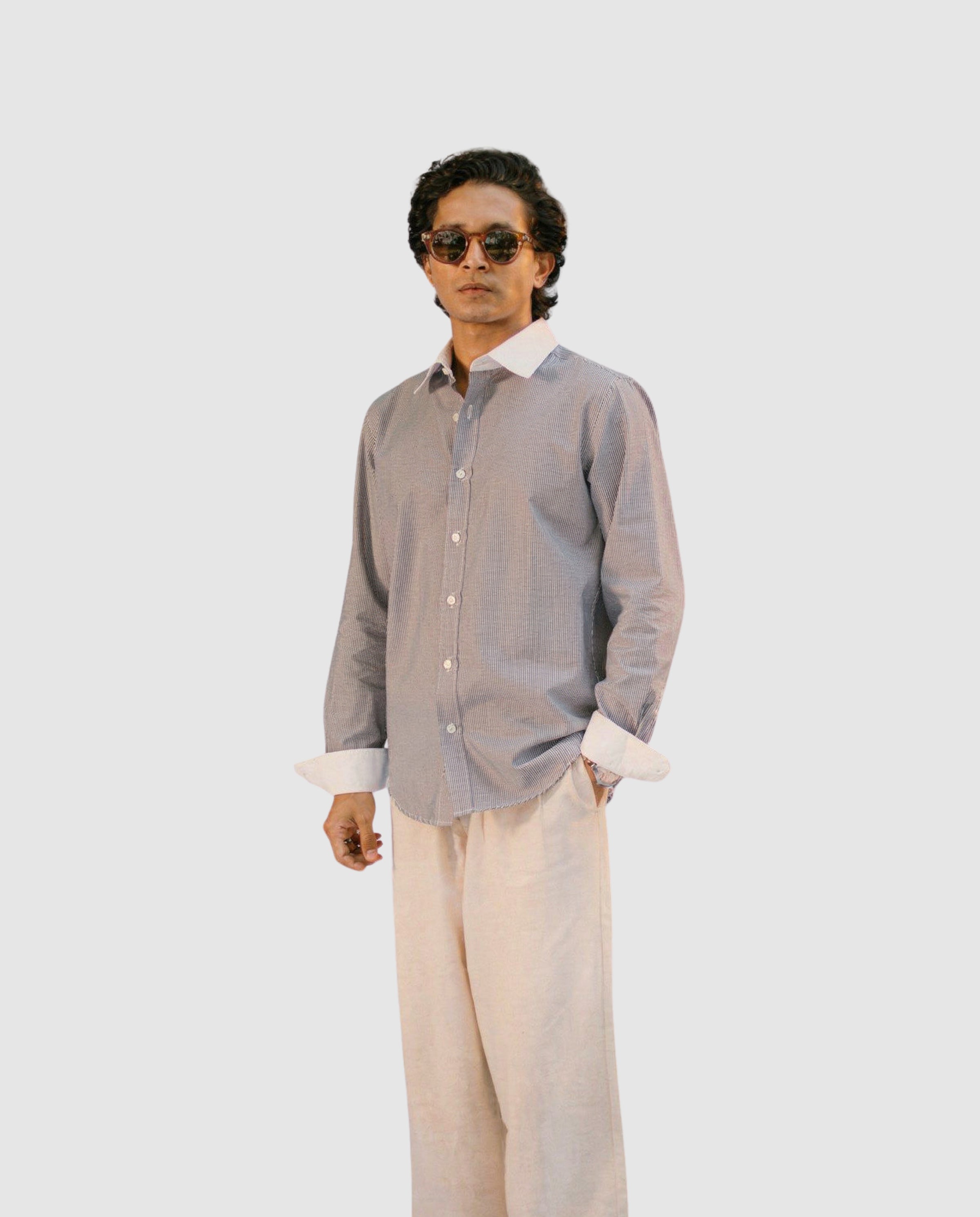 Striped Black and White Contrast Collar Shirt