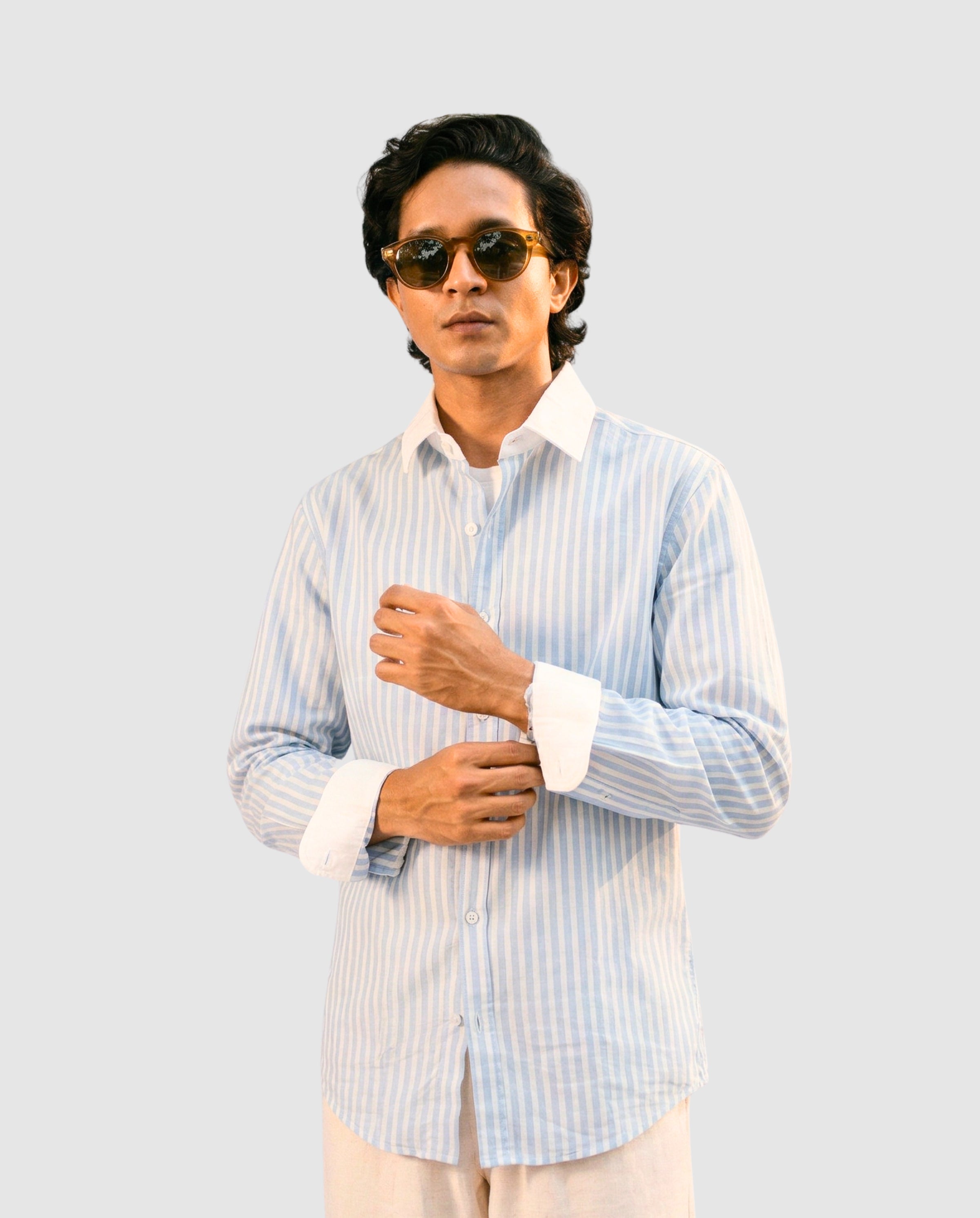 Striped Light Blue Contrast Collar Shirt