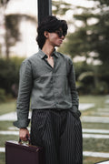 Olive Green Linen Shirt with European Collar