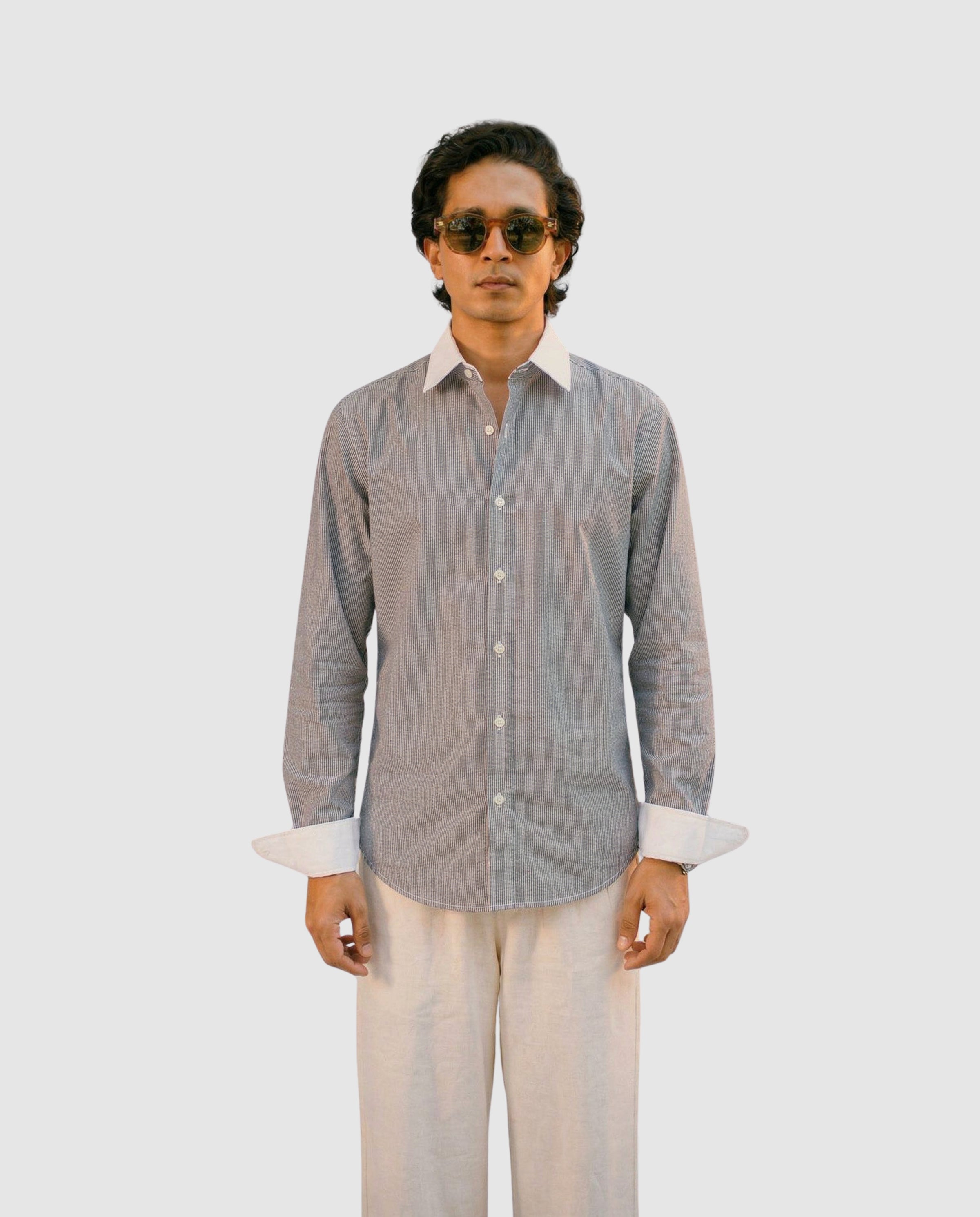 Striped Black and White Contrast Collar Shirt