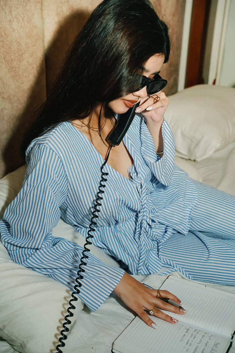 Women's Striped Set (Top + Bottom) - Blue