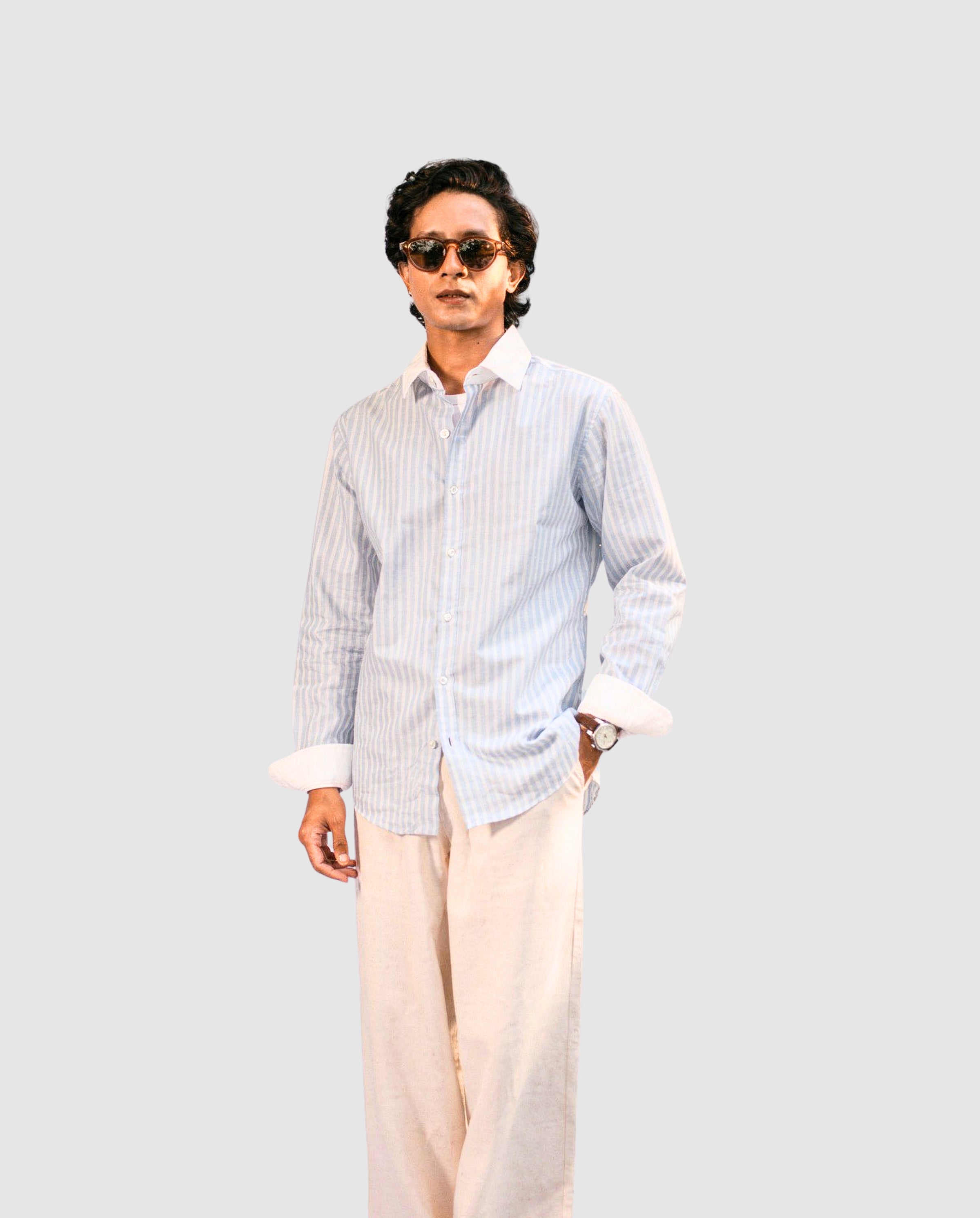 Striped Light Blue Contrast Collar Shirt