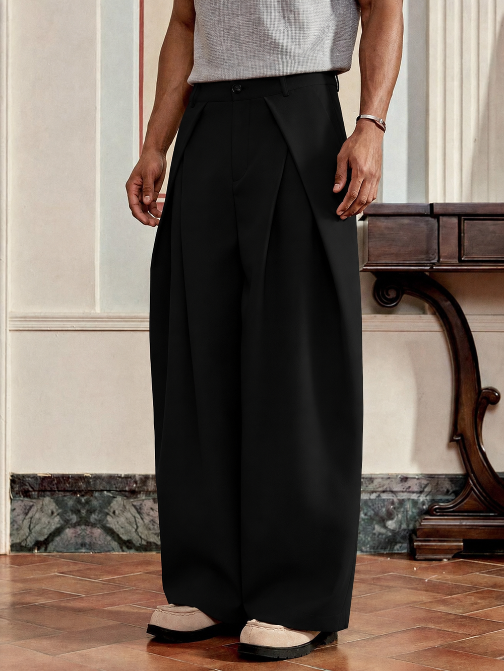 Unisex Prestige Pleated Pinstripe Pant - Black