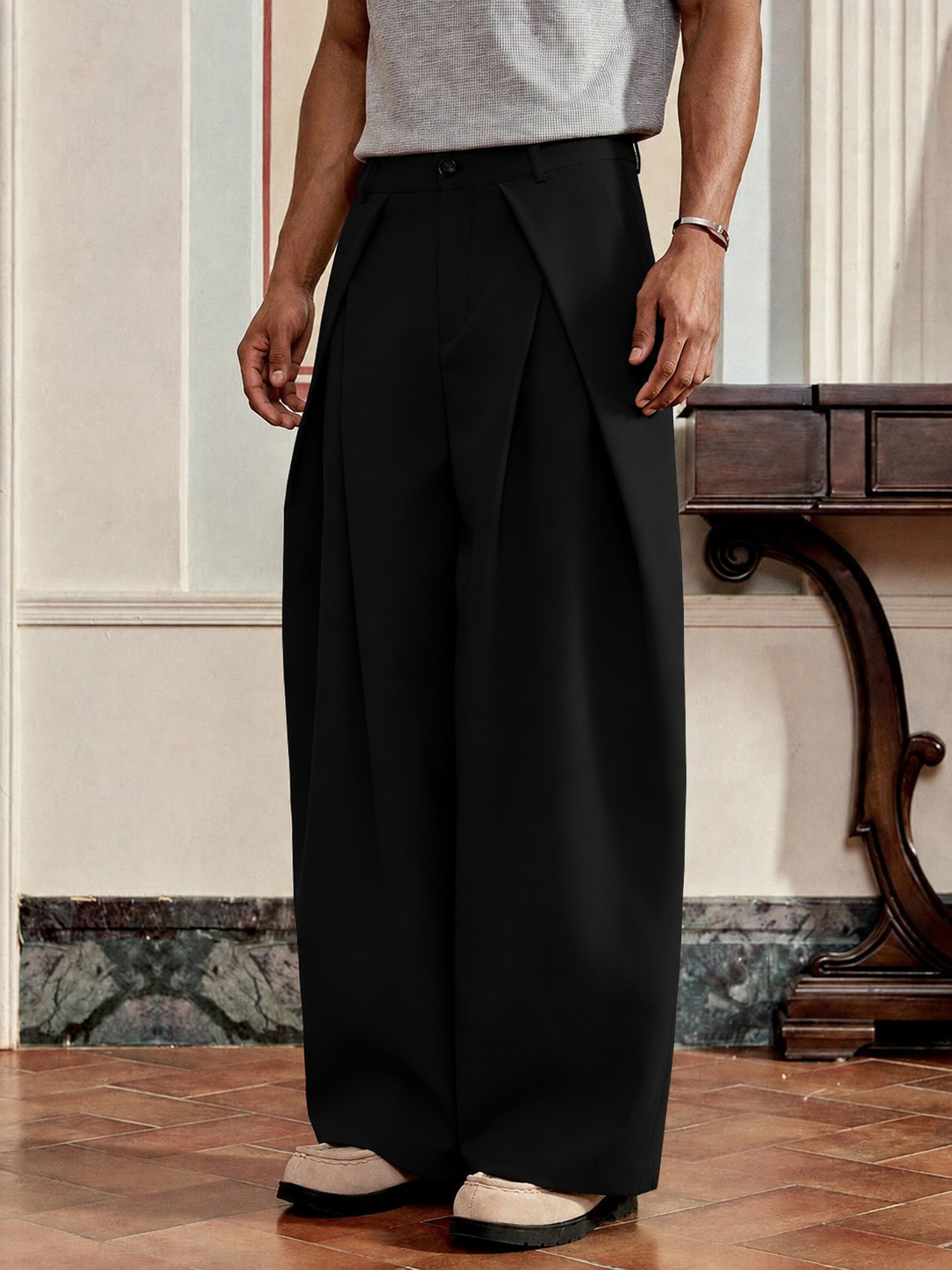 Unisex Prestige Pleated Pinstripe Pant - Black