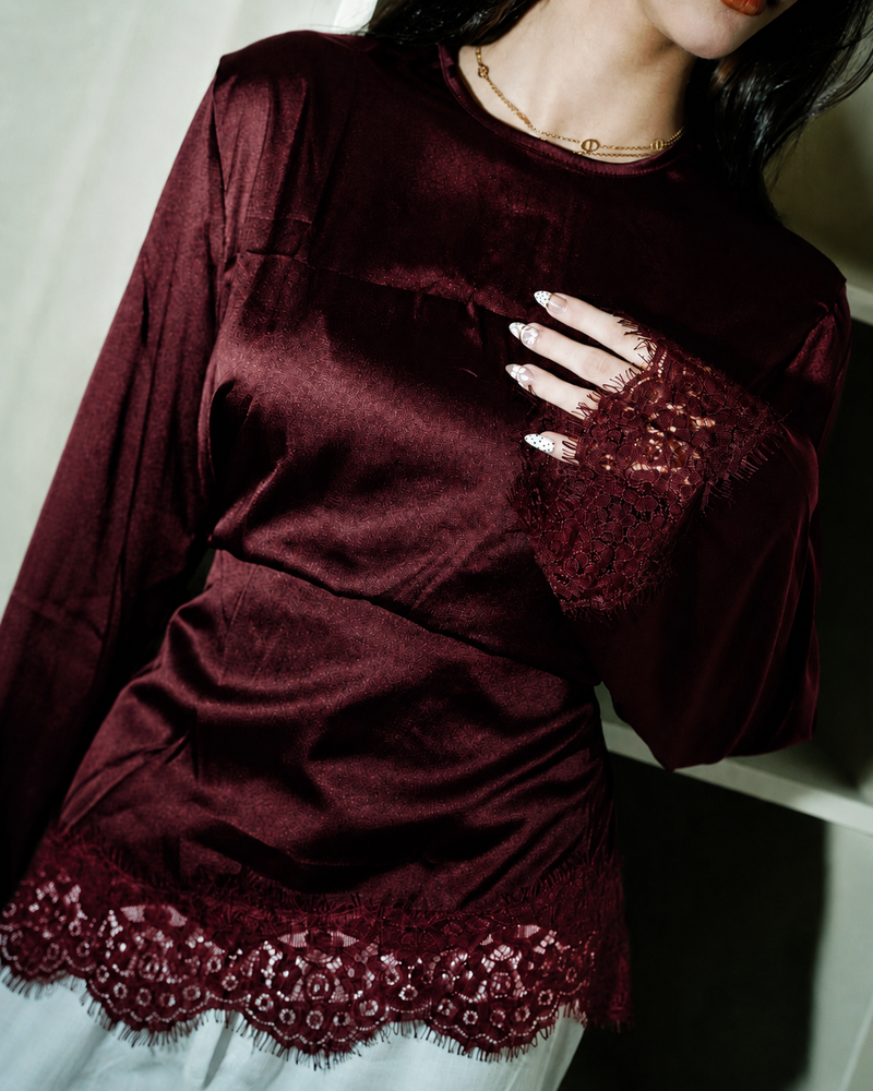 Women’s Satin Laced Top - Wine Red