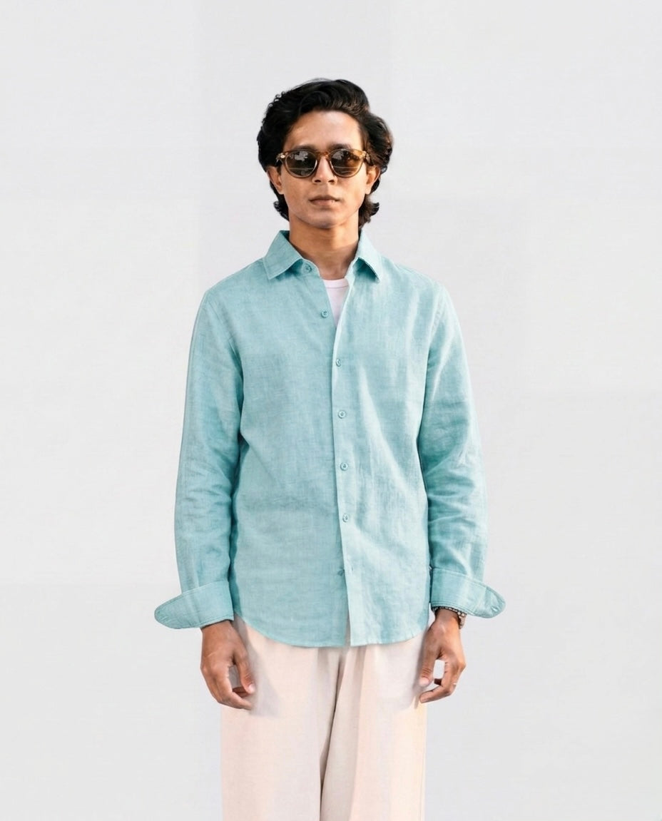 Vivid Blue Linen Shirt with European Collar