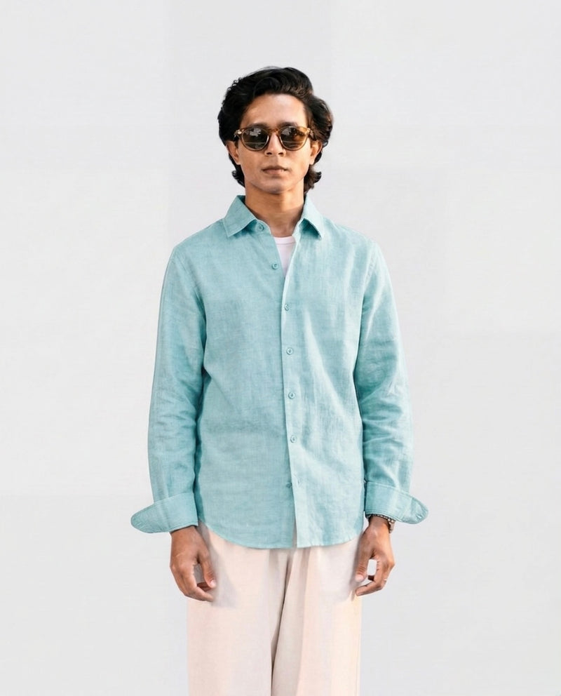 Vivid Blue Linen Shirt with European Collar
