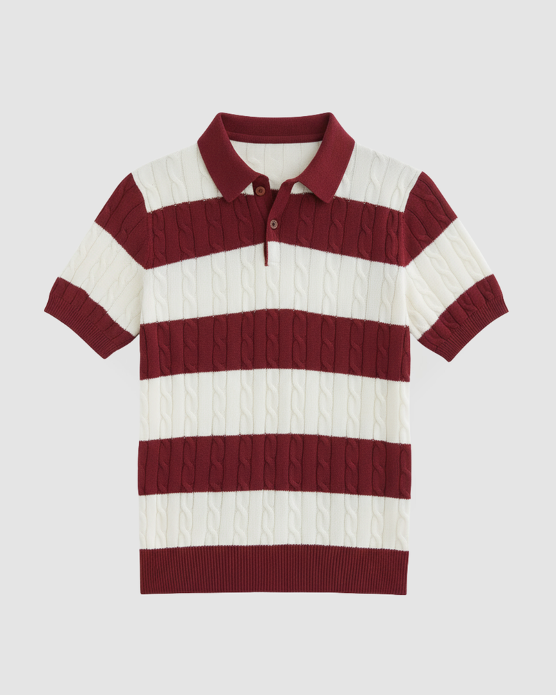 luxury cable knit polo striped maroon