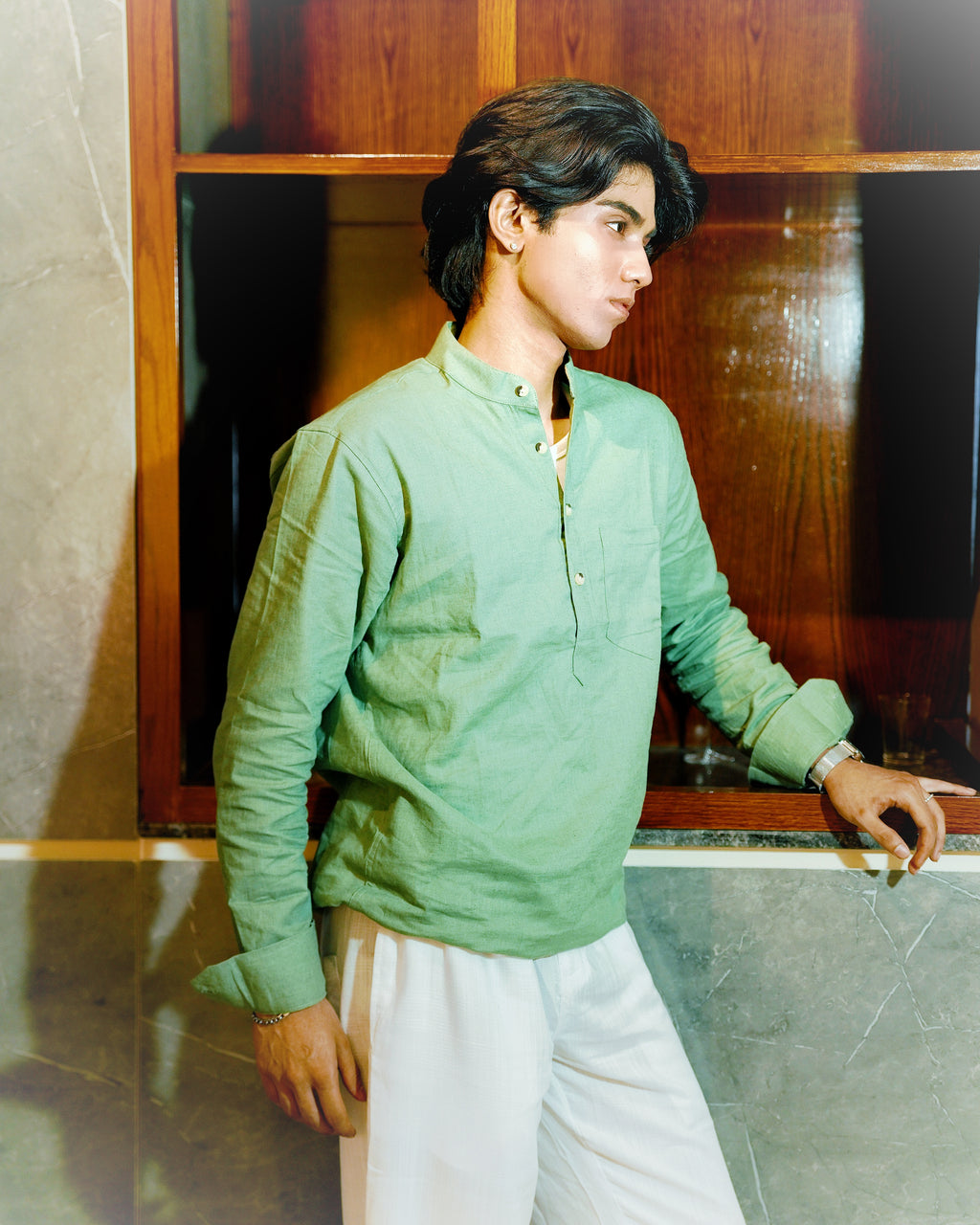 Sage Green Linen Henley with European Collar