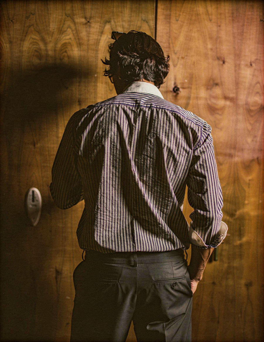 Striped Dark Blue Contrast Collar Shirt - Image 3