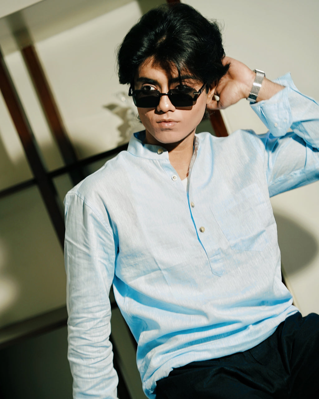 Light Blue Linen Henley Shirt Shirt with European Collar