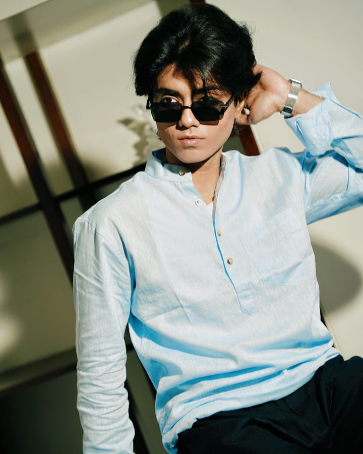 Light Blue Linen Henley Shirt Shirt with European Collar