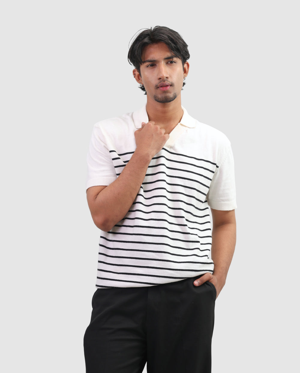 Striped Knit Polo - White