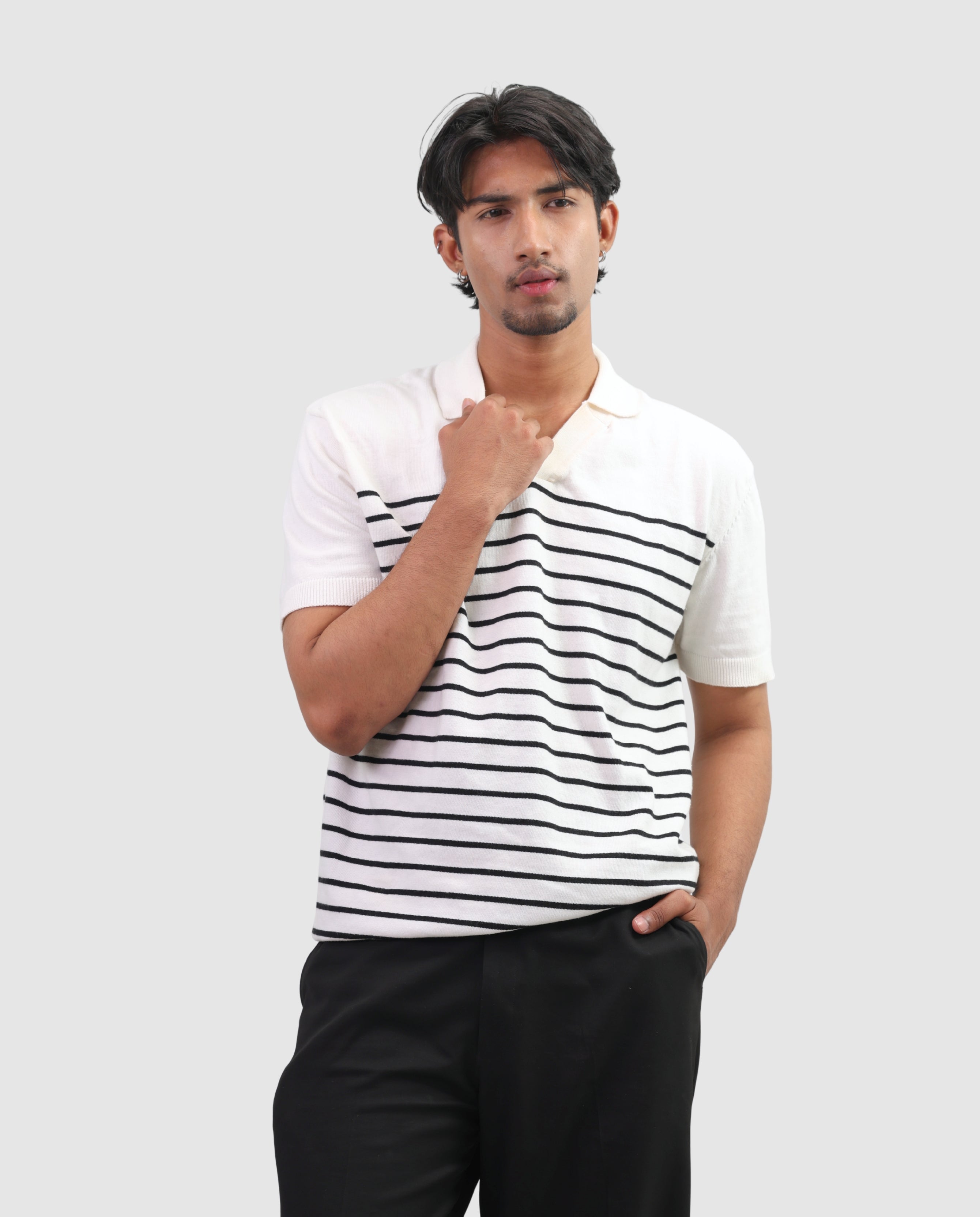 Striped Knit Polo - White