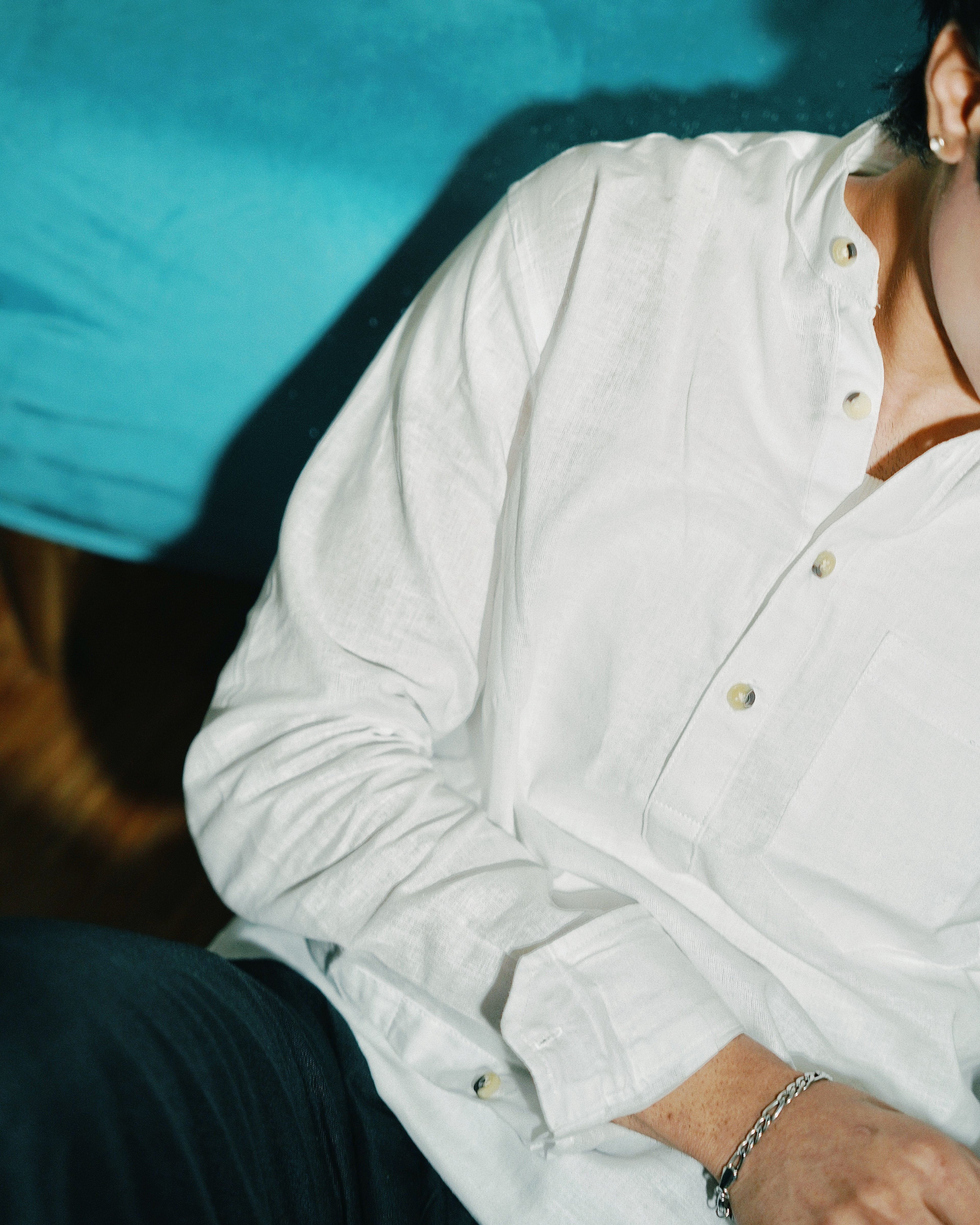 White Linen Henley with European Collar