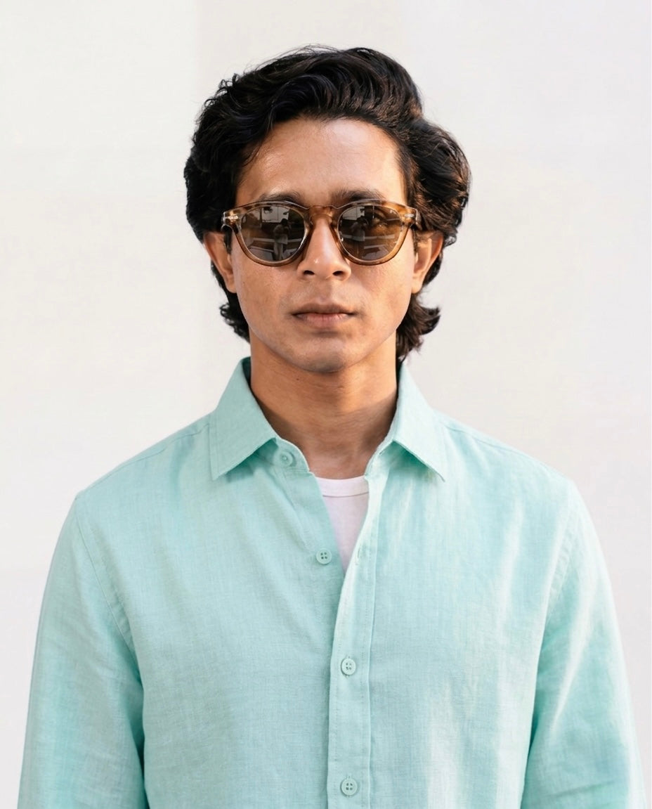 Vivid Blue Linen Shirt with European Collar