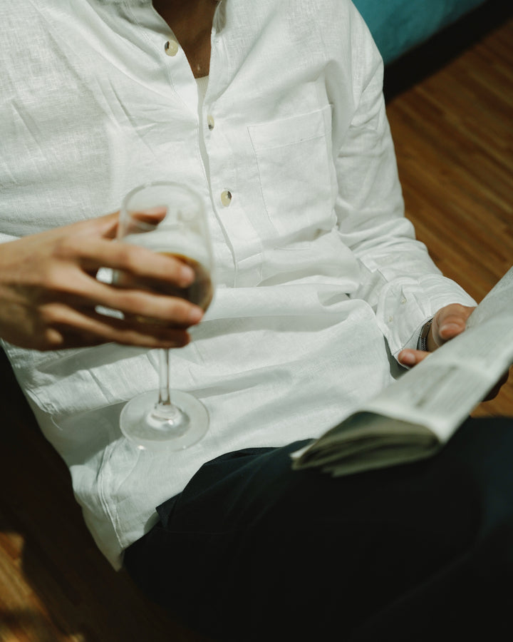 White Linen Henley with European Collar