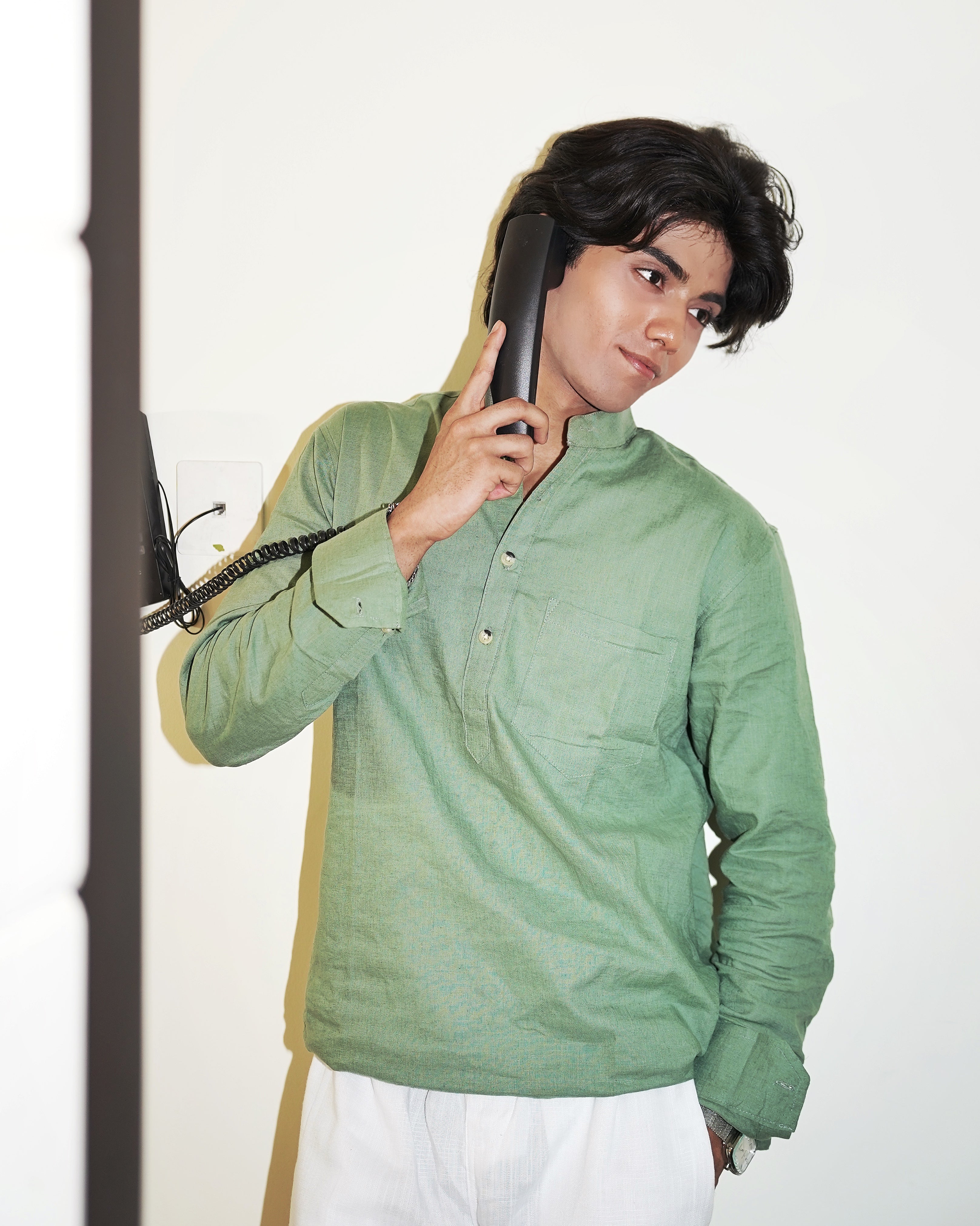 Sage Green Linen Henley with European Collar