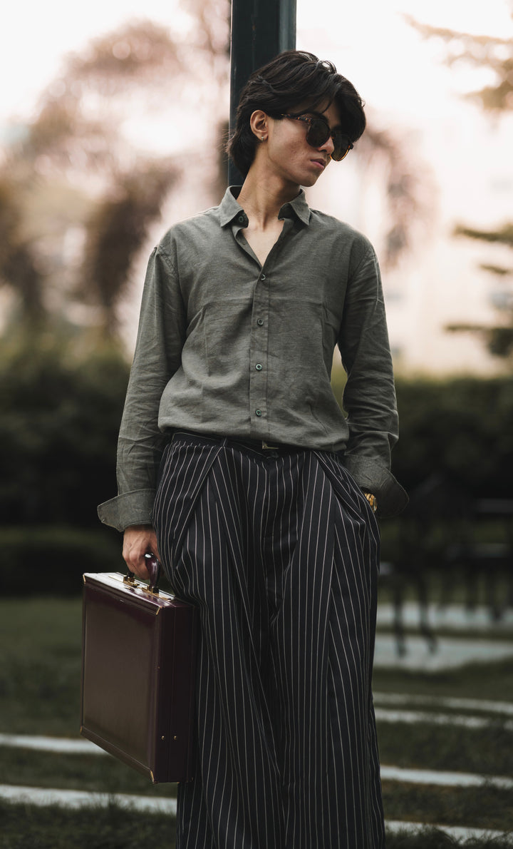 Olive Green Linen Shirt with European Collar