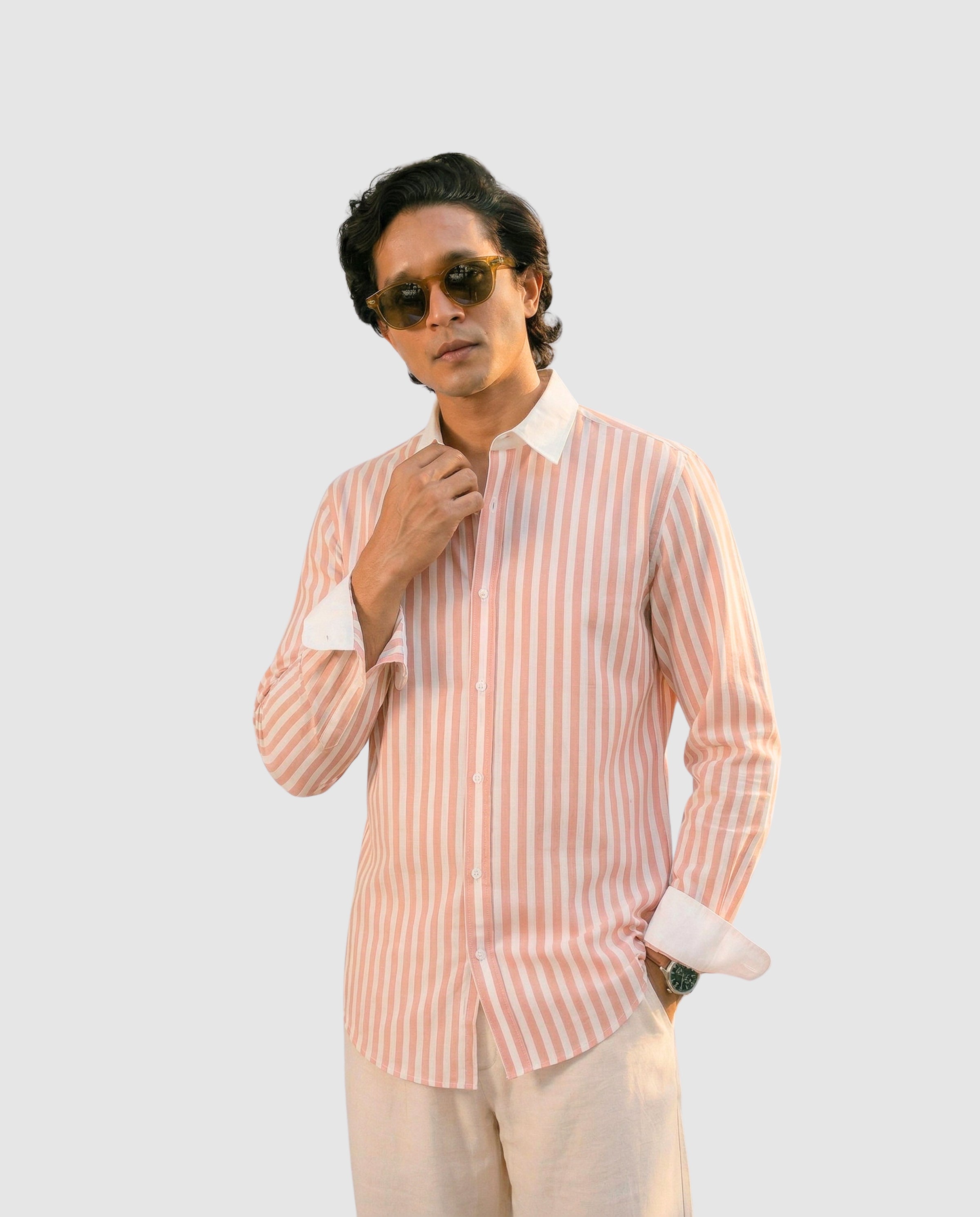 Striped Pink Contrast Collar Shirt