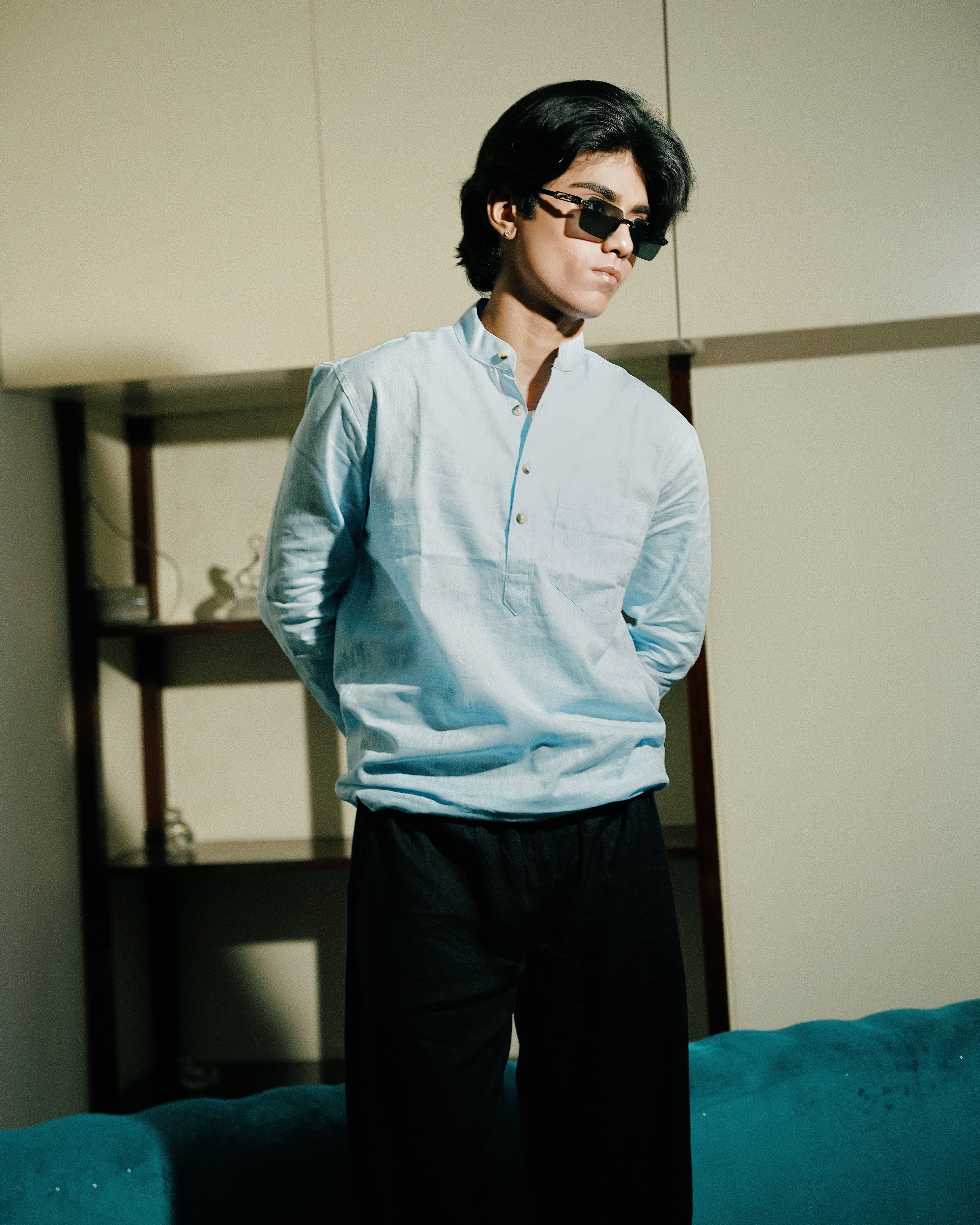 Light Blue Linen Henley Shirt Shirt with European Collar