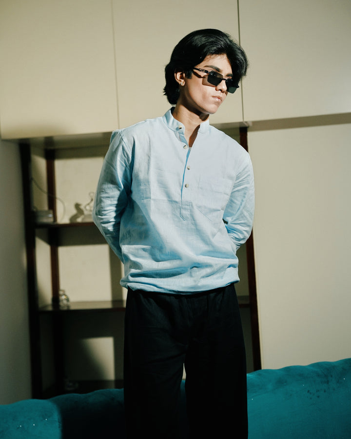 Light Blue Linen Henley Shirt Shirt with European Collar
