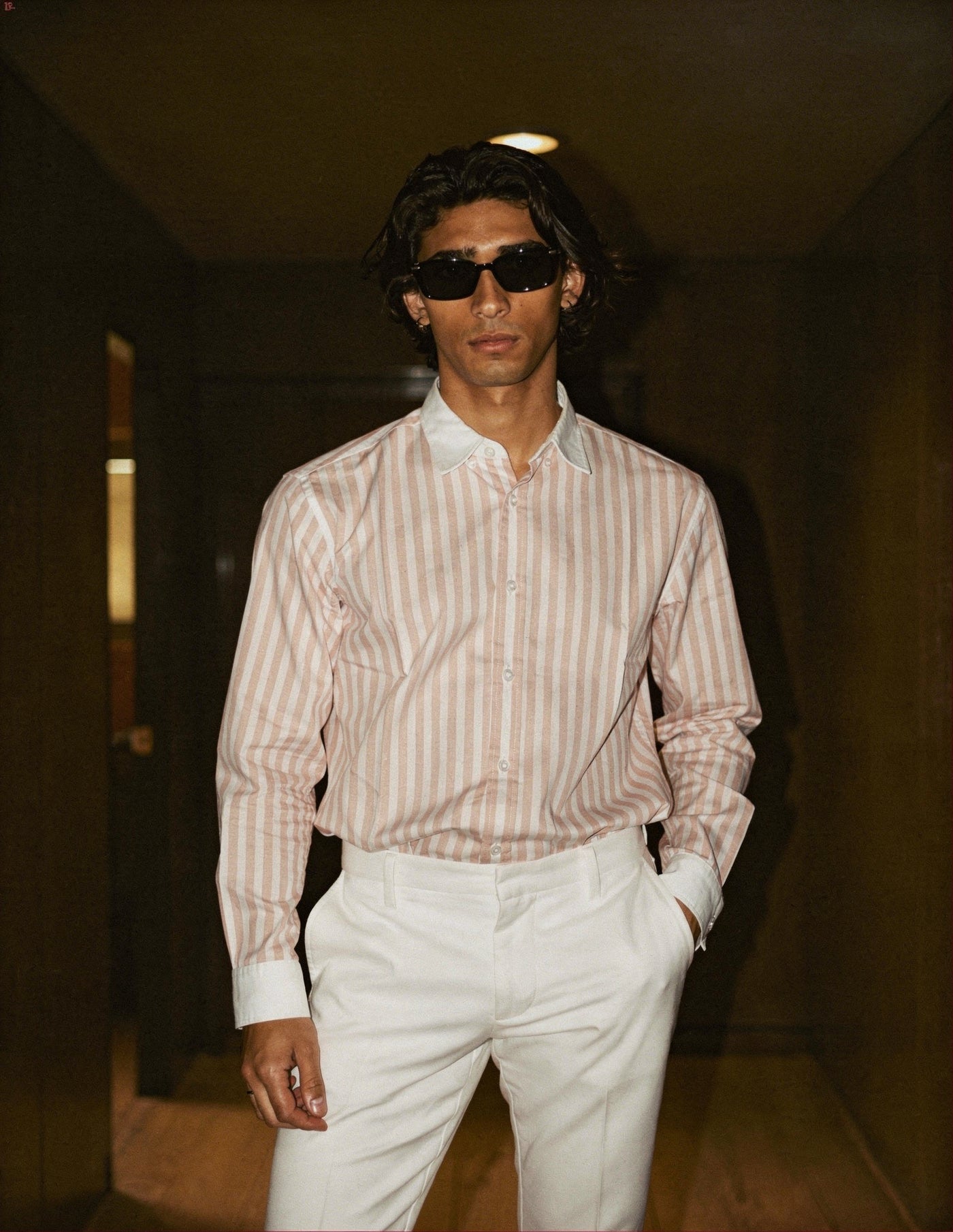 Striped Pink Contrast Collar Shirt