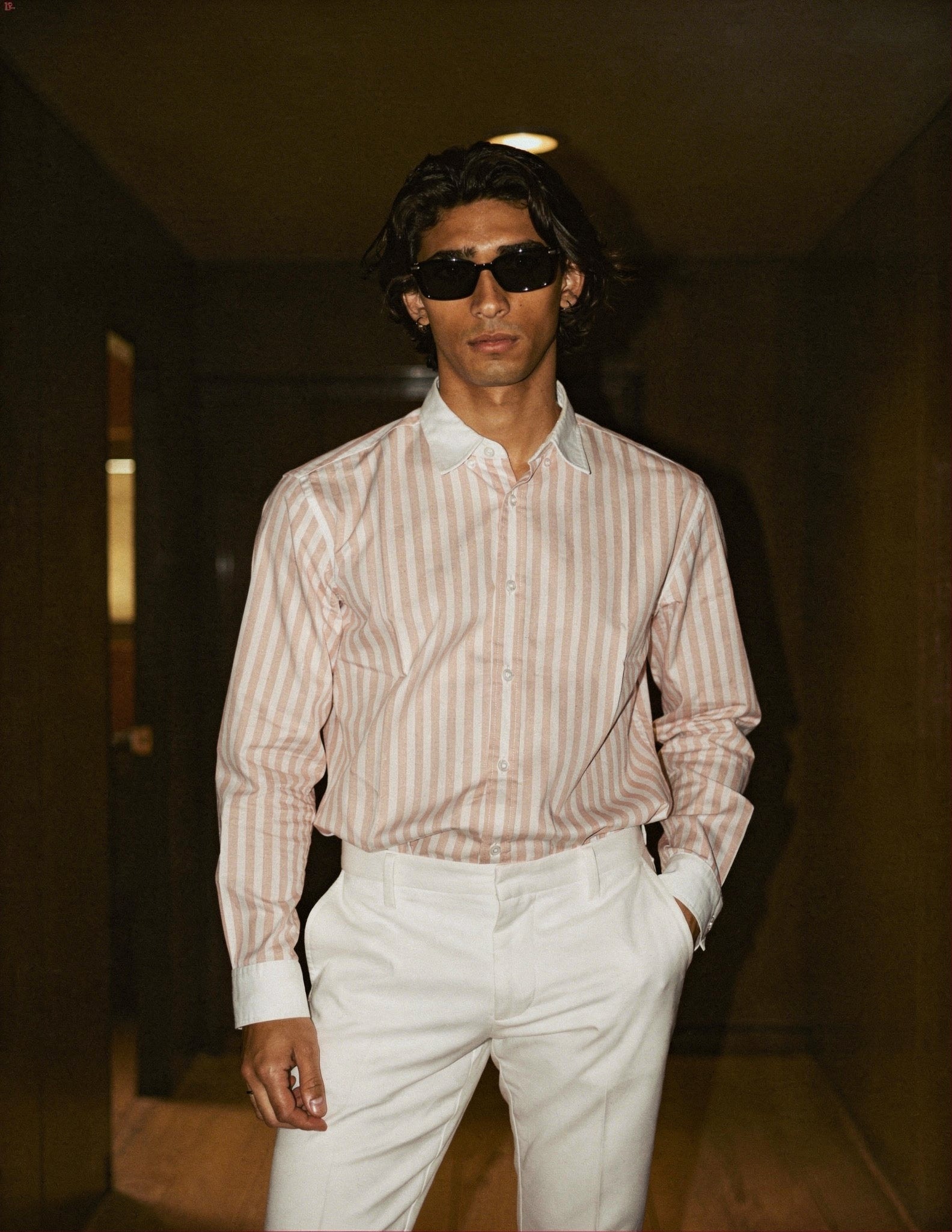 Striped Pink Contrast Collar Shirt