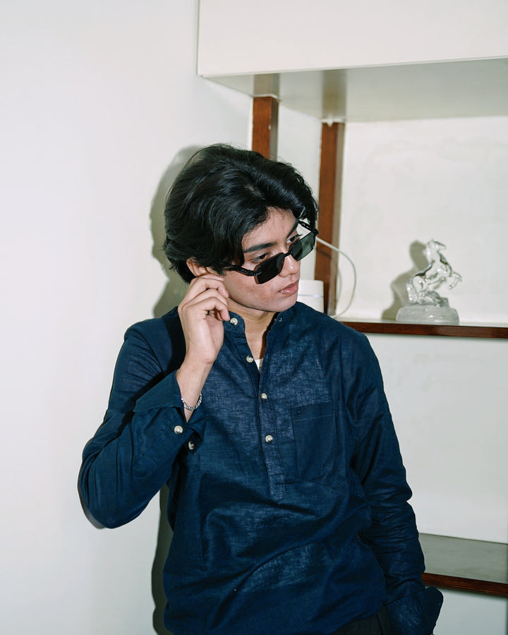 Navy Blue Linen Henley with European Collar