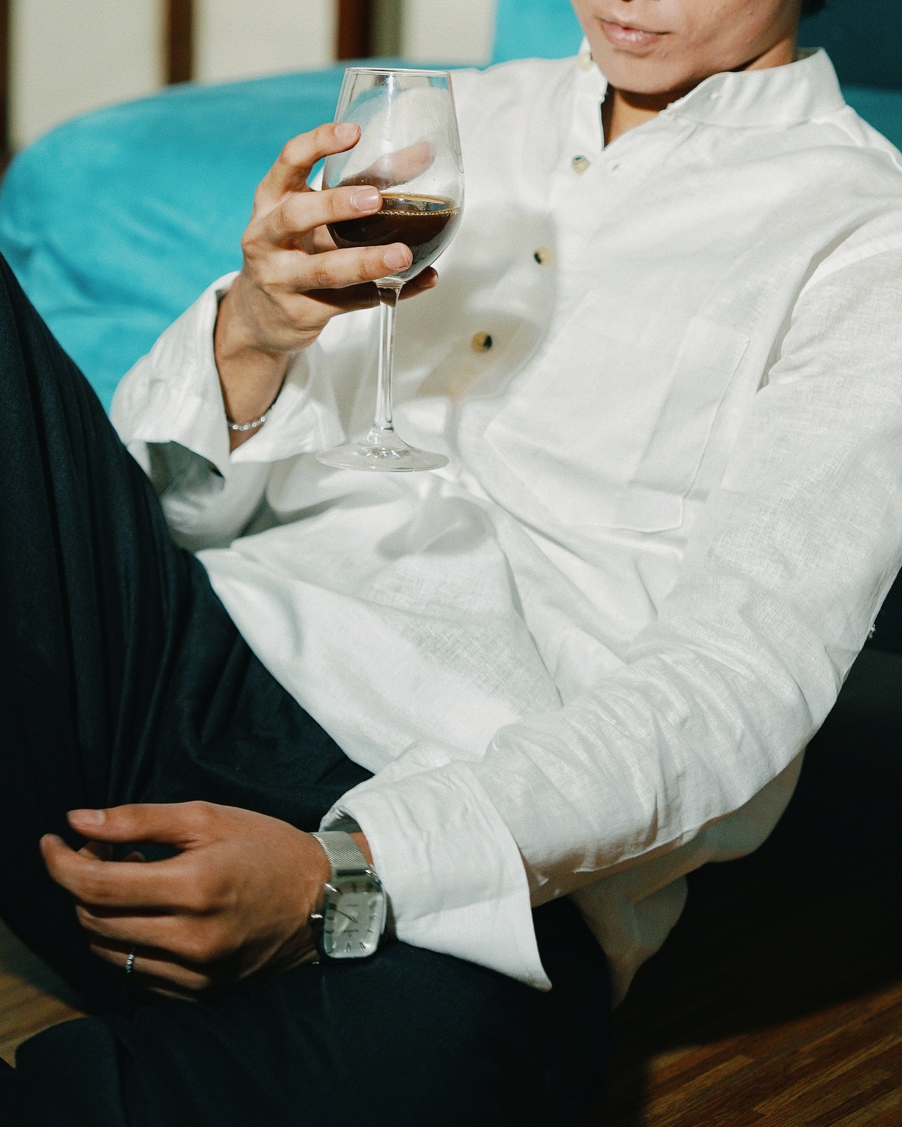 White Linen Henley with European Collar