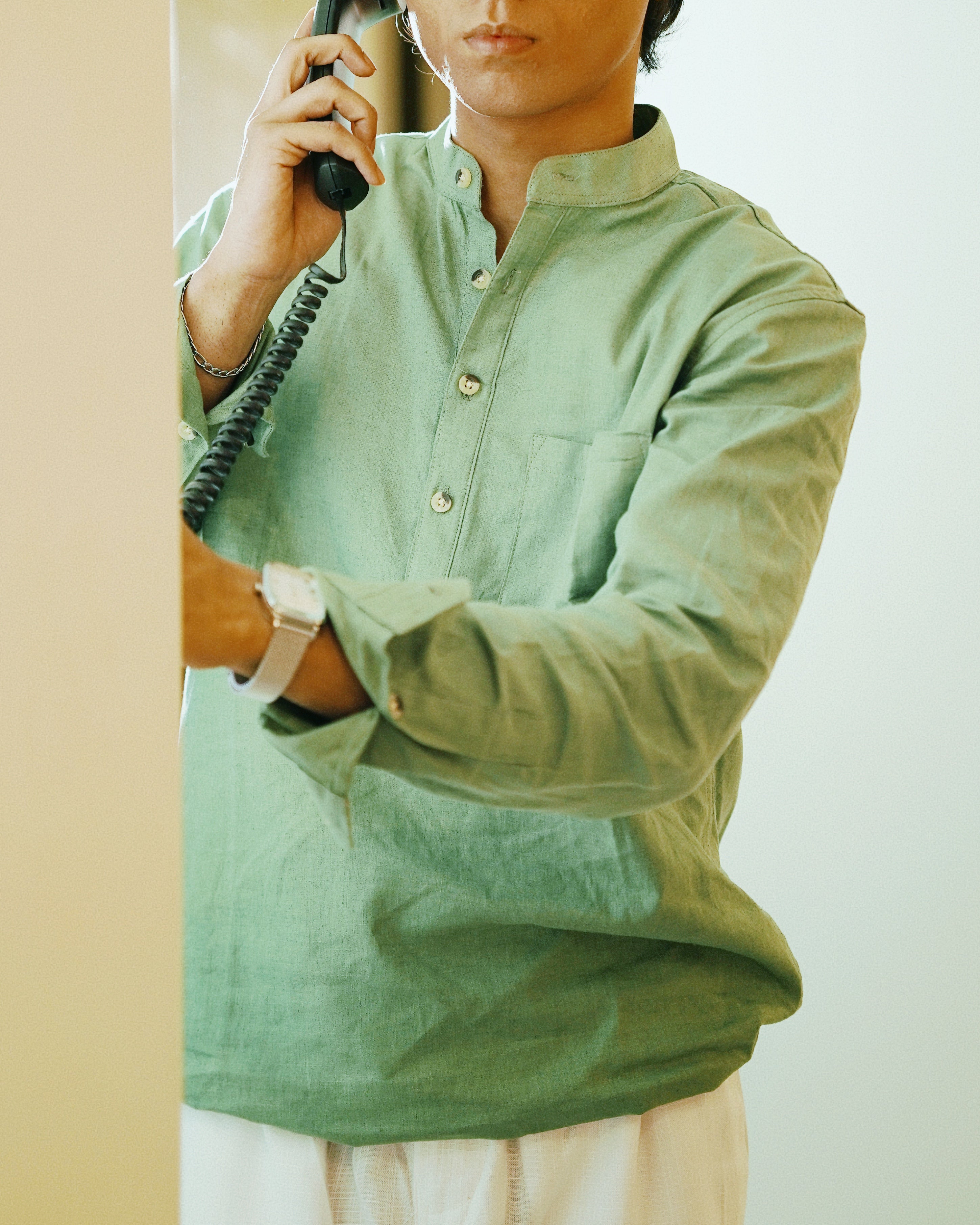 Sage Green Linen Henley with European Collar