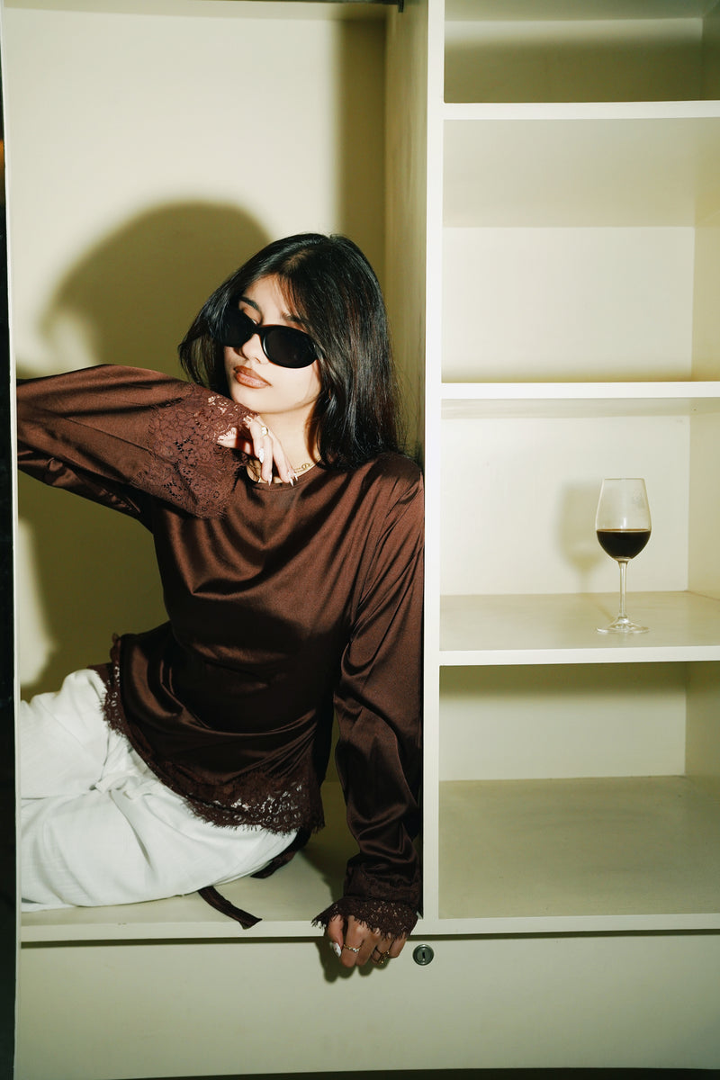 Women’s Satin Laced Top - Brown