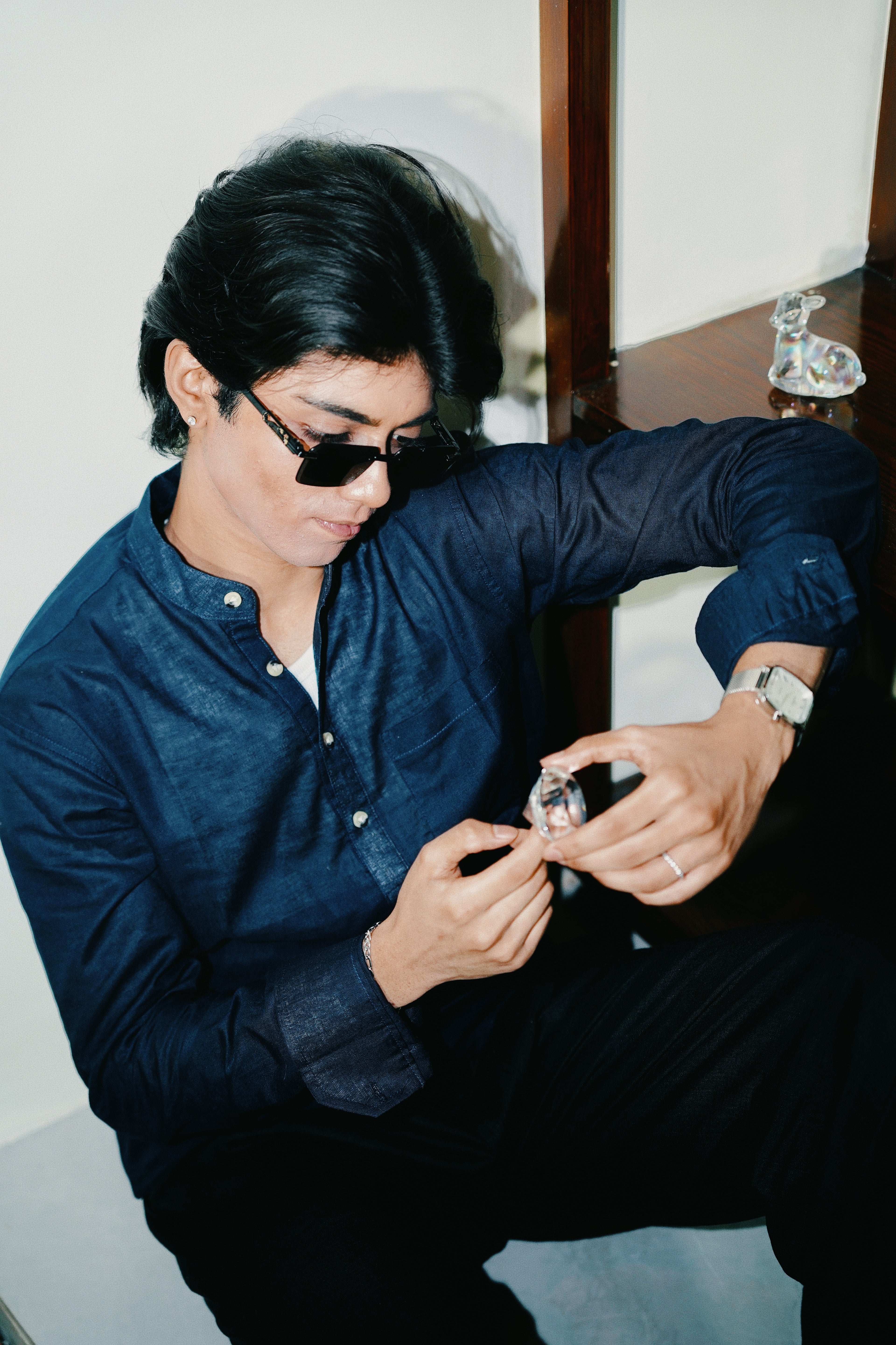 Navy Blue Linen Henley with European Collar