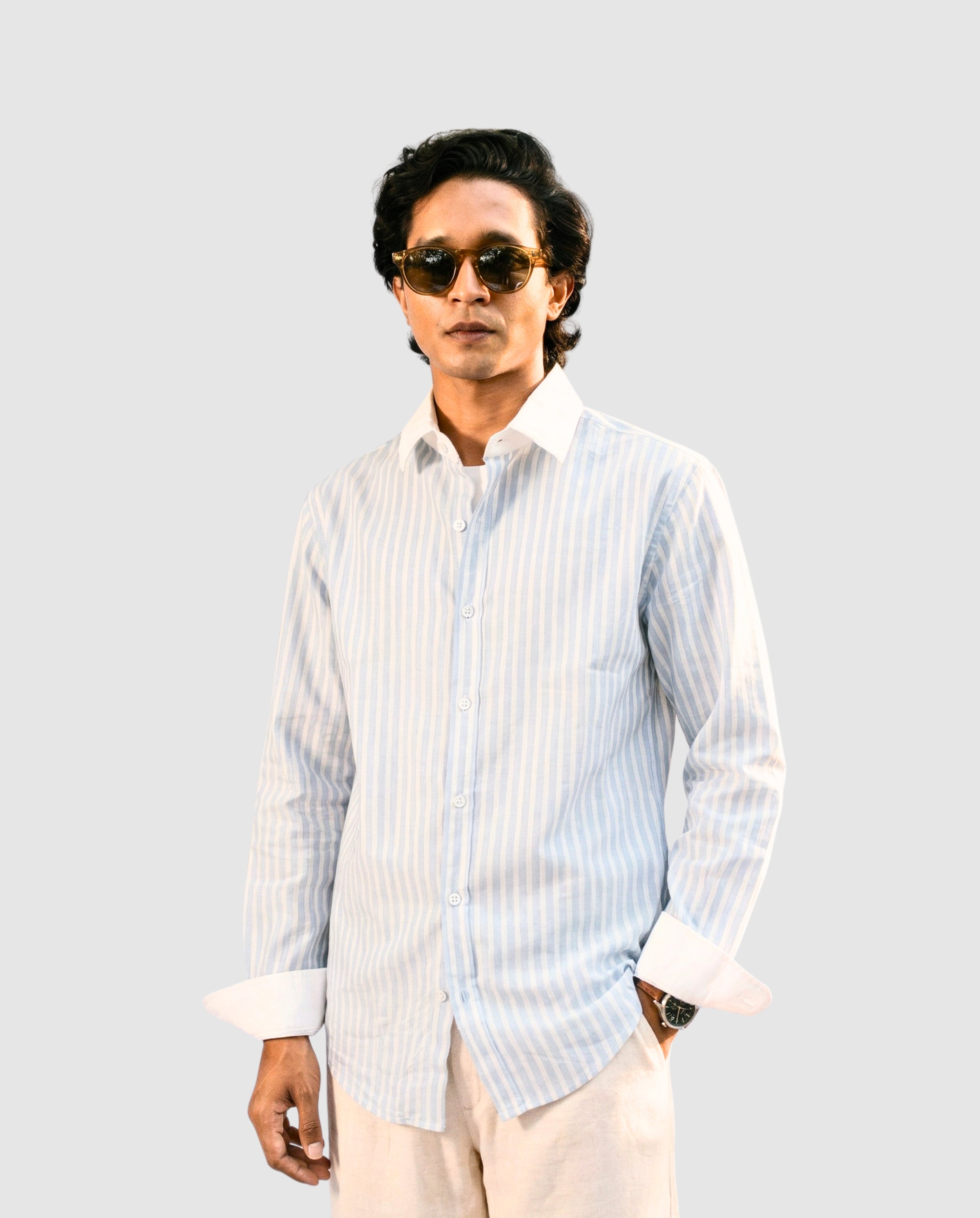 Striped Light Blue Contrast Collar Shirt