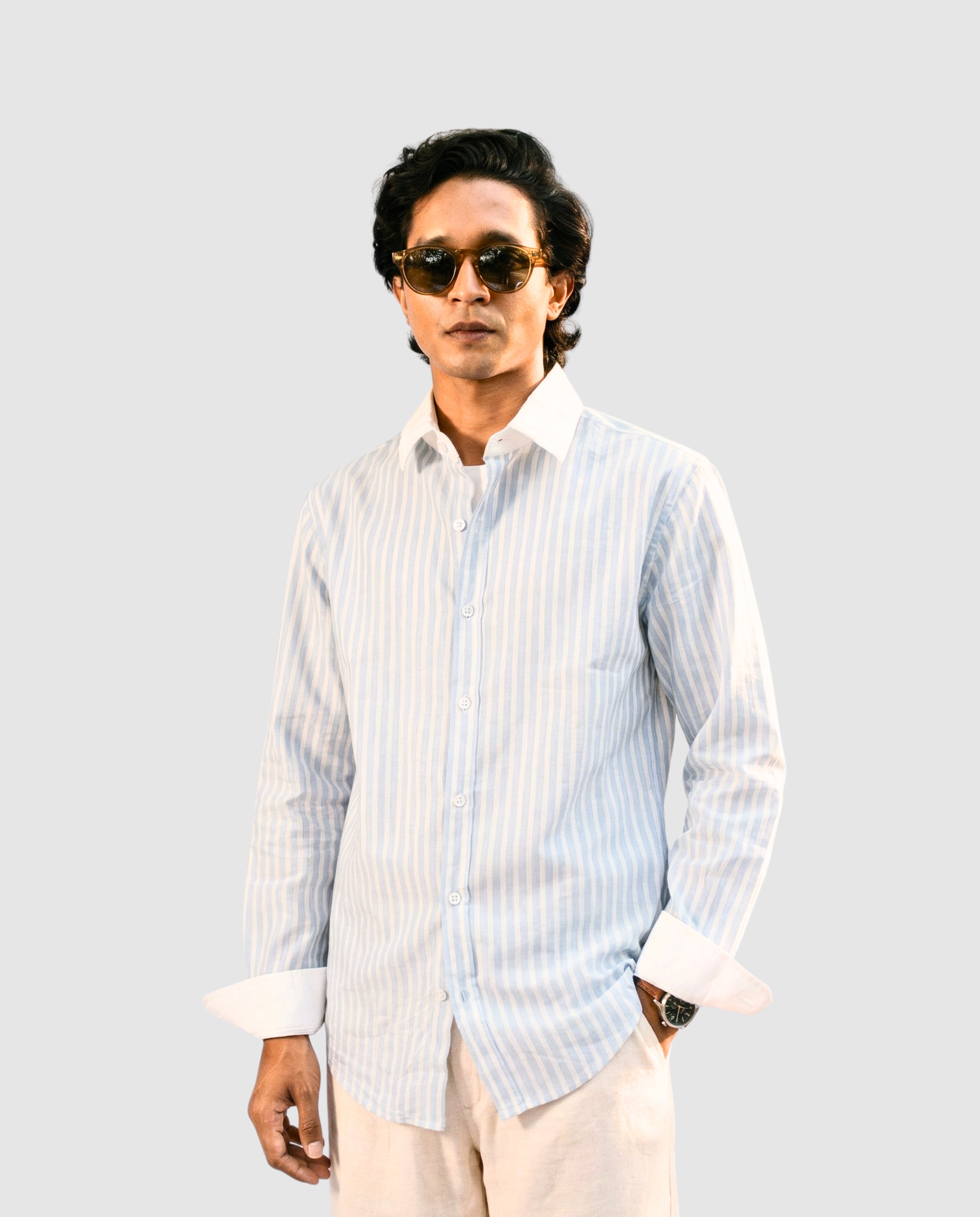 Striped Light Blue Contrast Collar Shirt