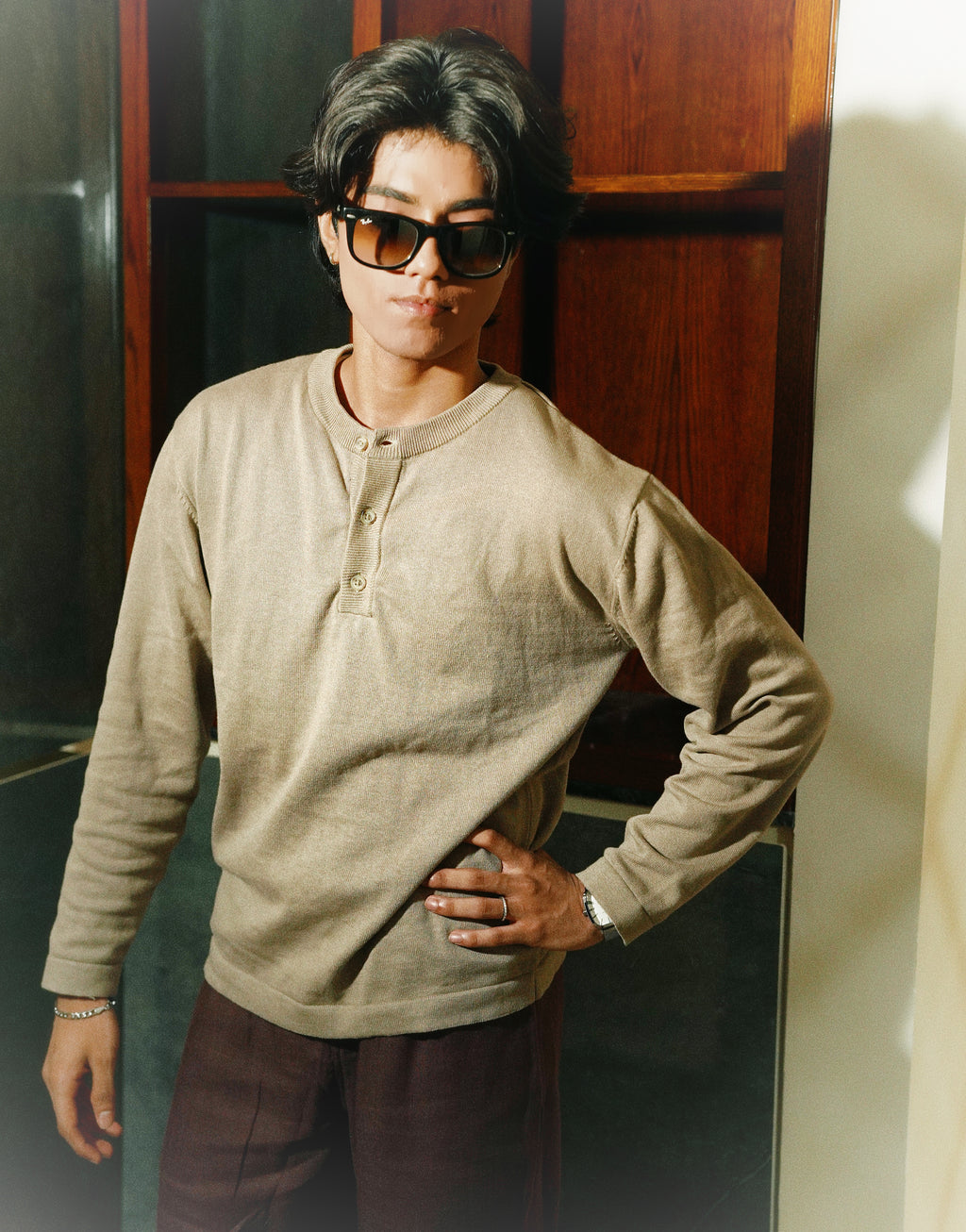 Knit Henley Tshirt - Beige