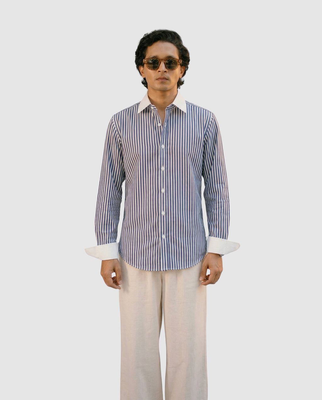 Striped Dark Blue Contrast Collar Shirt