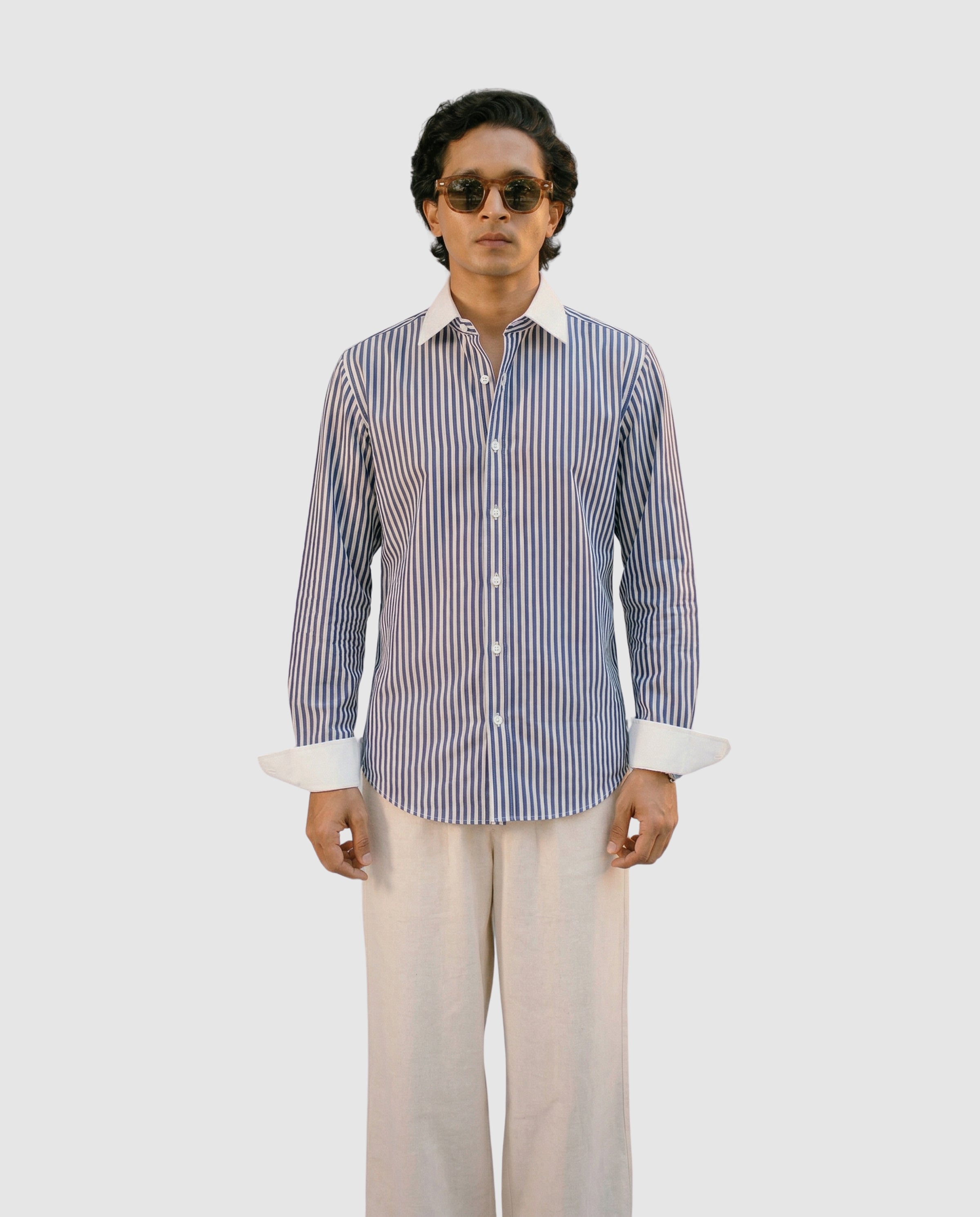 Striped Dark Blue Contrast Collar Shirt