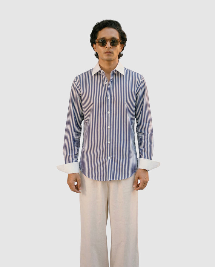 Striped Dark Blue Contrast Collar Shirt