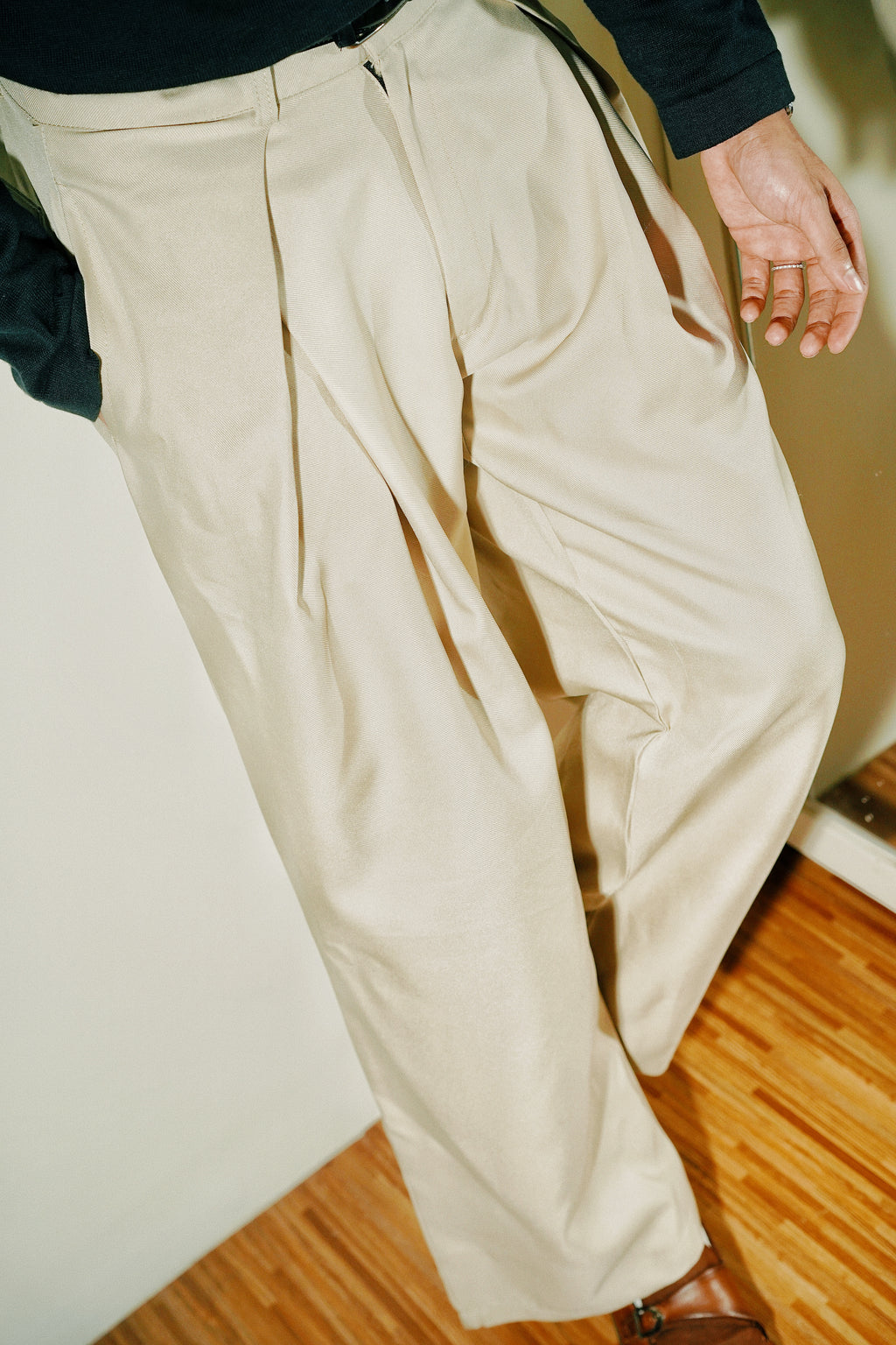 Unisex Prestige Pleated Pinstripe Pant - Beige