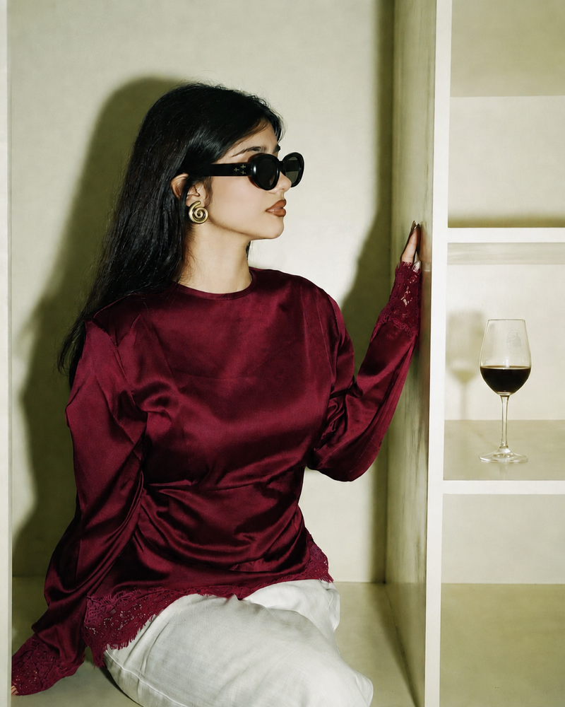 Women’s Satin Laced Top - Wine Red