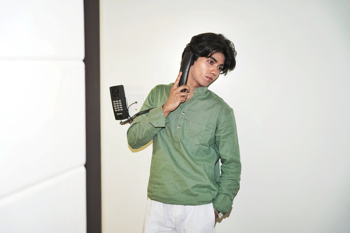Sage Green Linen Henley with European Collar