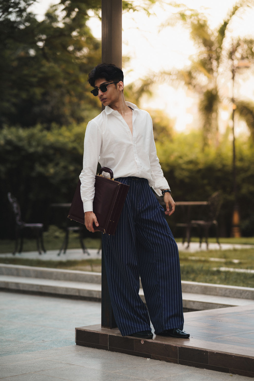 Unisex Prestige Pleated Pinstripe Pant - Striped Navy Blue
