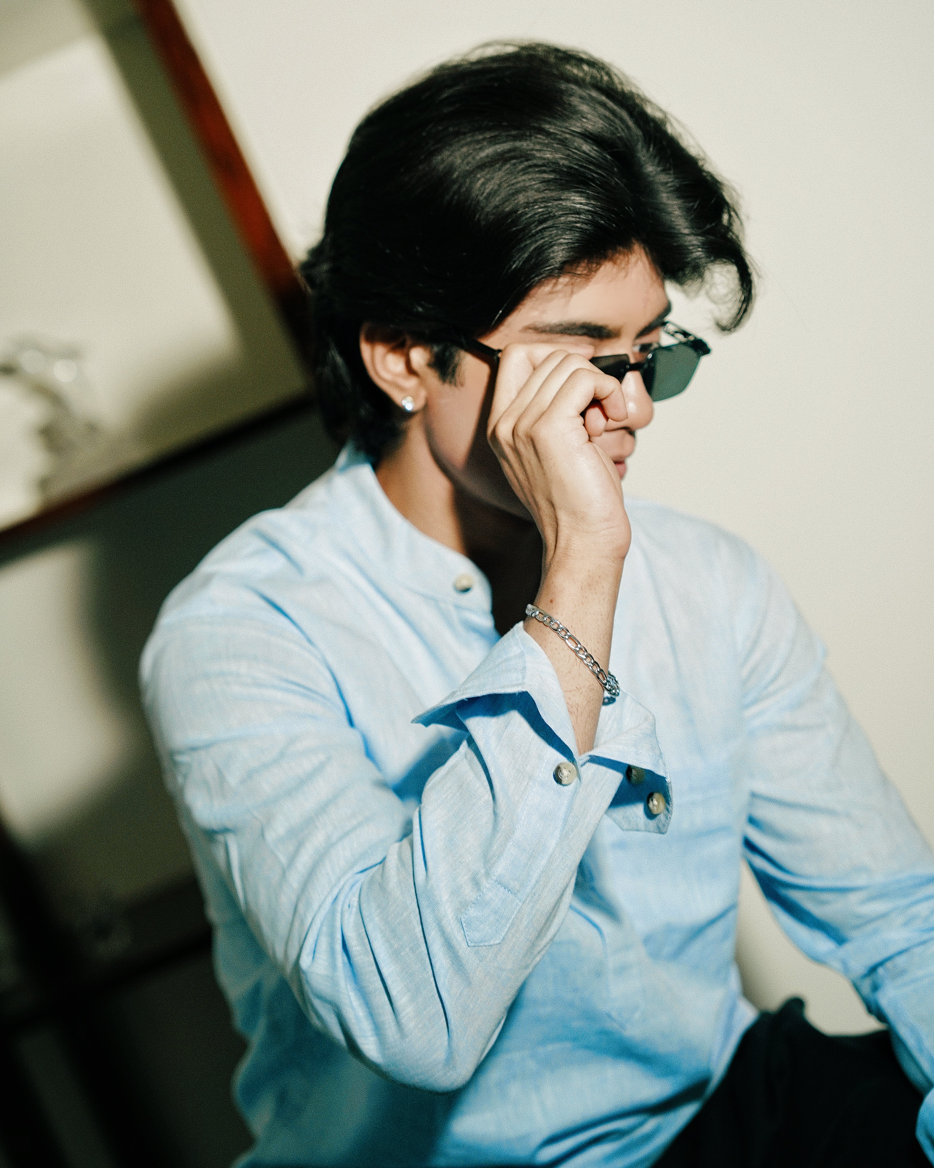 Light Blue Linen Henley Shirt Shirt with European Collar