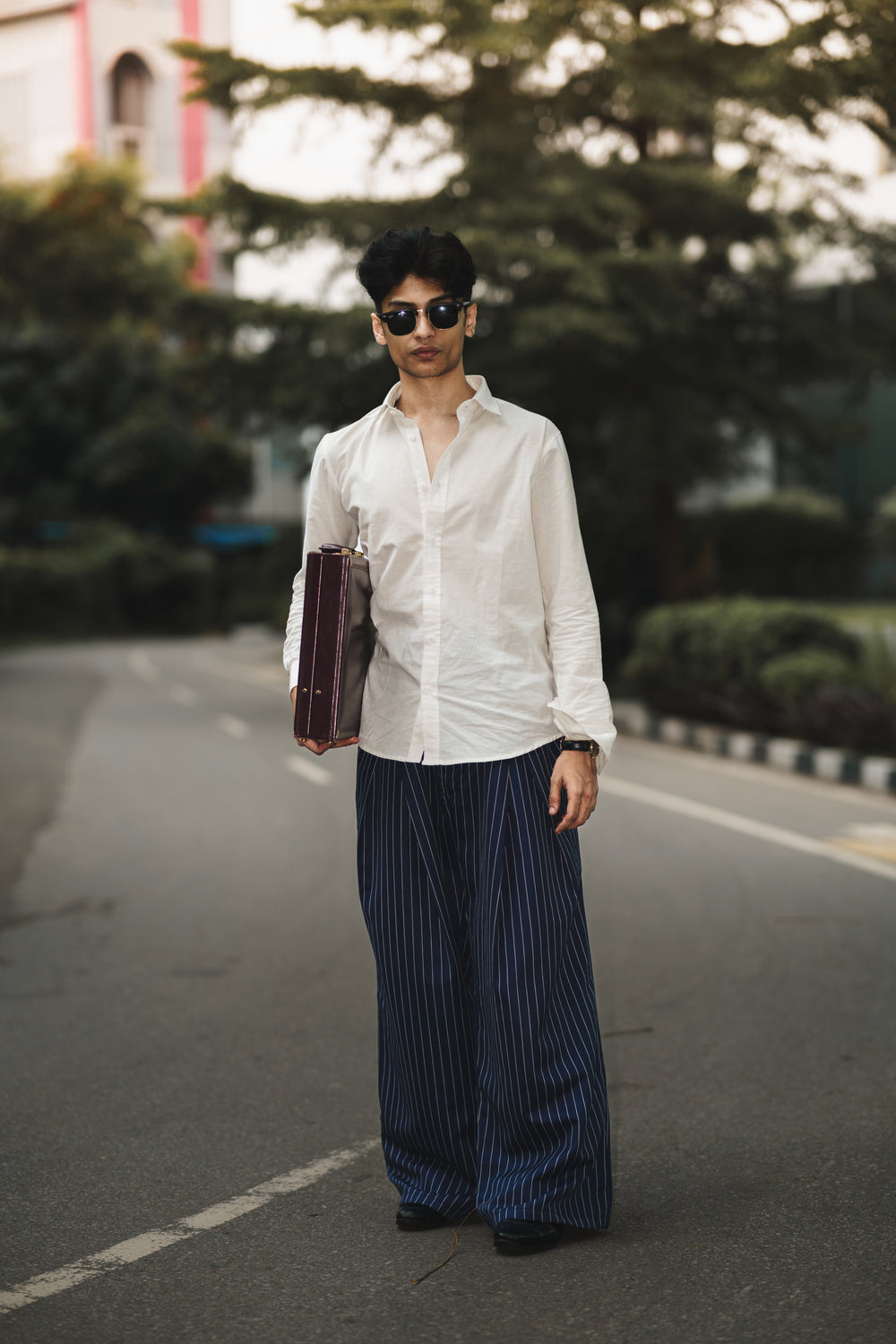 Unisex Prestige Pleated Pinstripe Pant - Striped Navy Blue