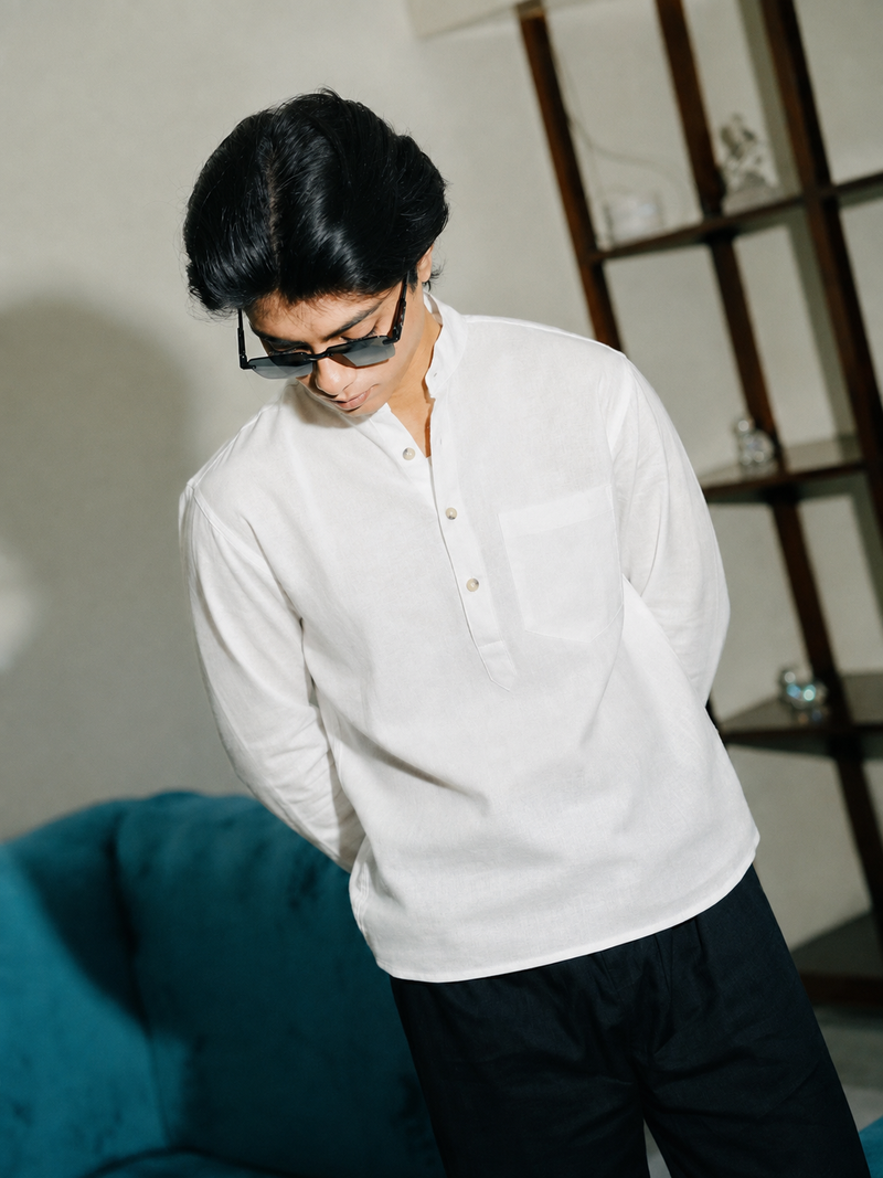 White Linen Henley with European Collar