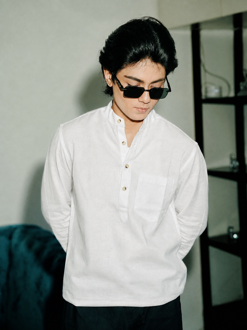 White Linen Henley with European Collar