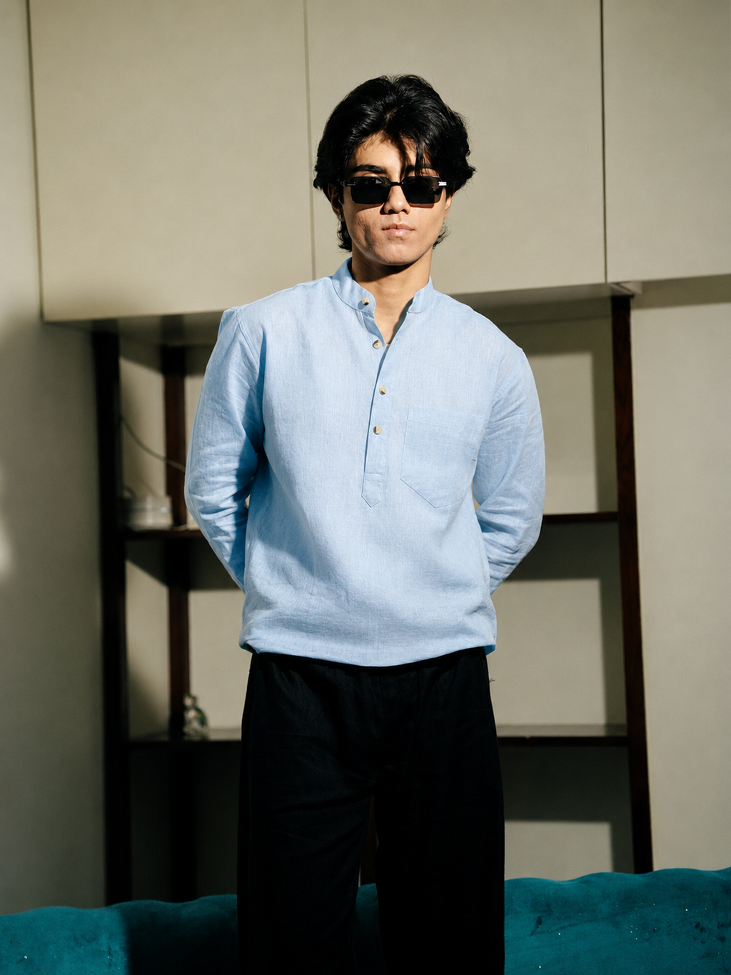 Light Blue Linen Henley Shirt with European Collar